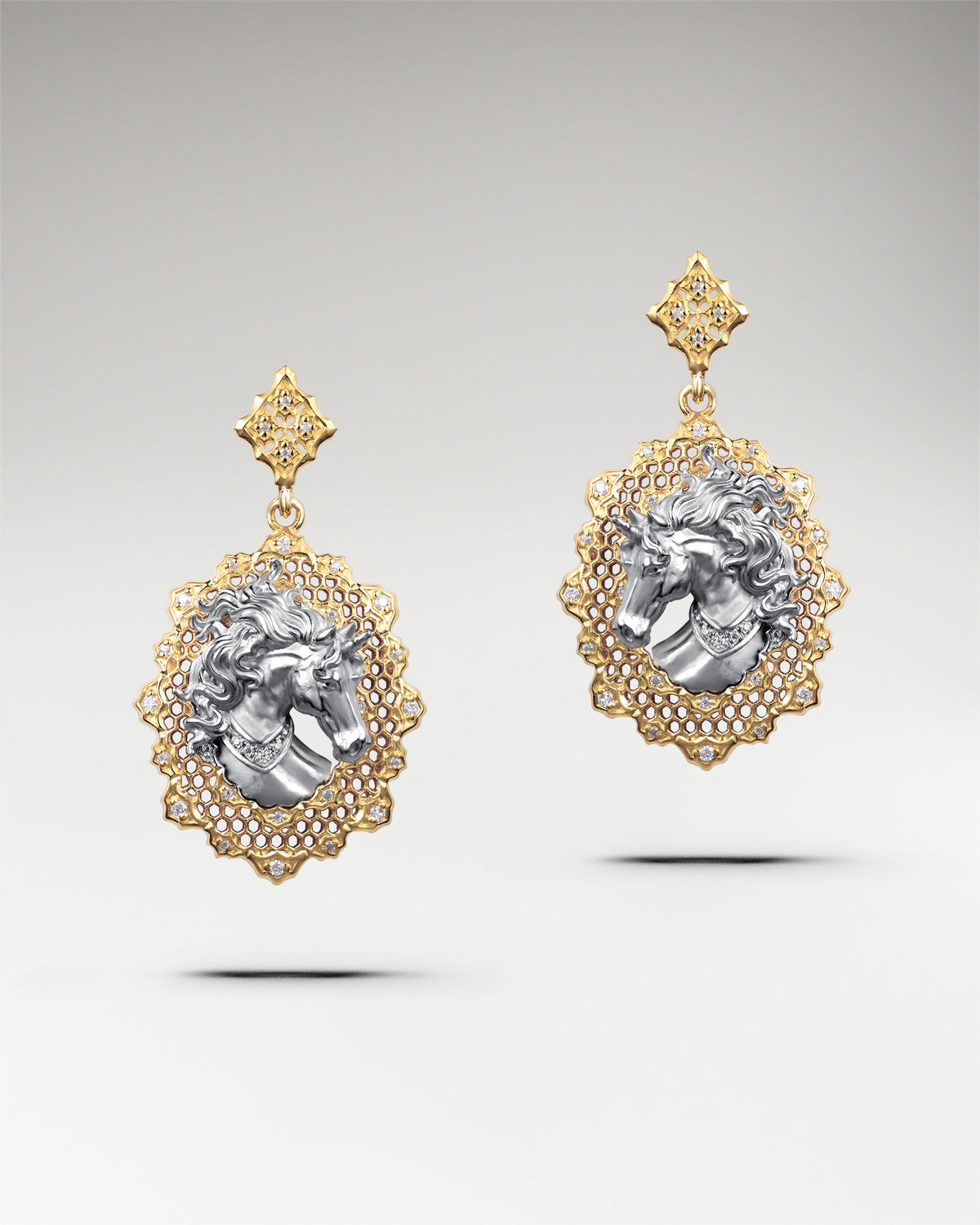 Zephyr Horse Earrings In Sterling Silver With Moissanite