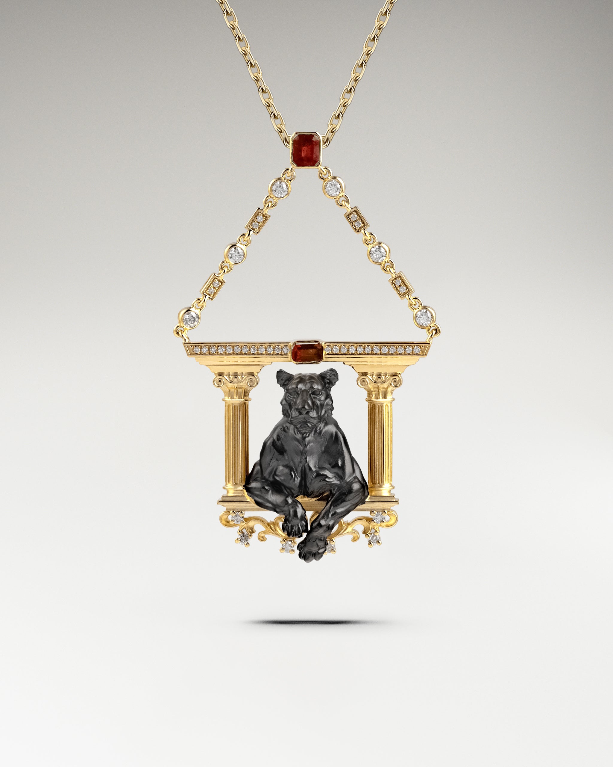 Roman Architectural Leopard Pendant Necklace In Sterling Silver With Garnet