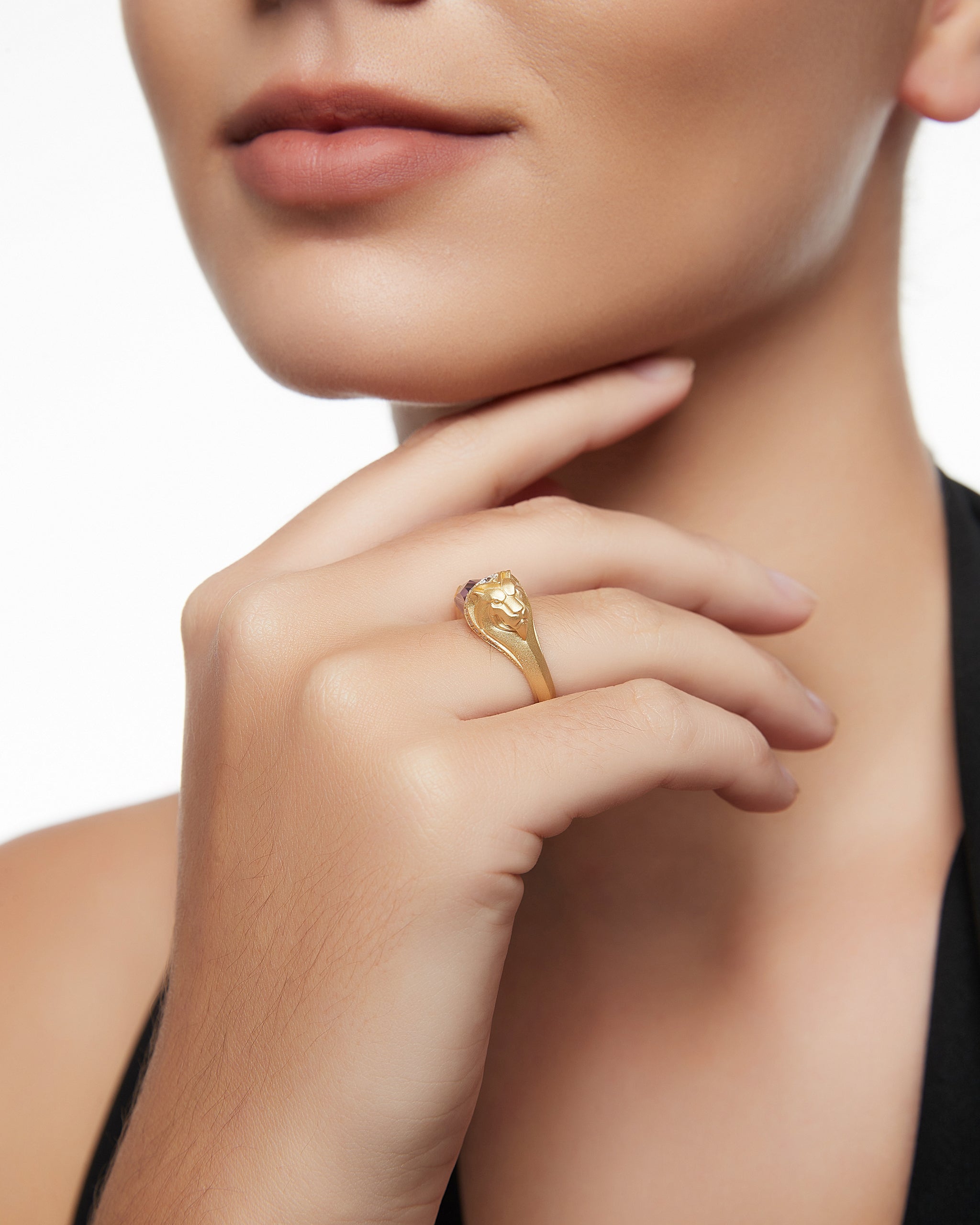 ガーネットとモアサナイトをあしらったスターリングシルバーのライオン スターライト リング