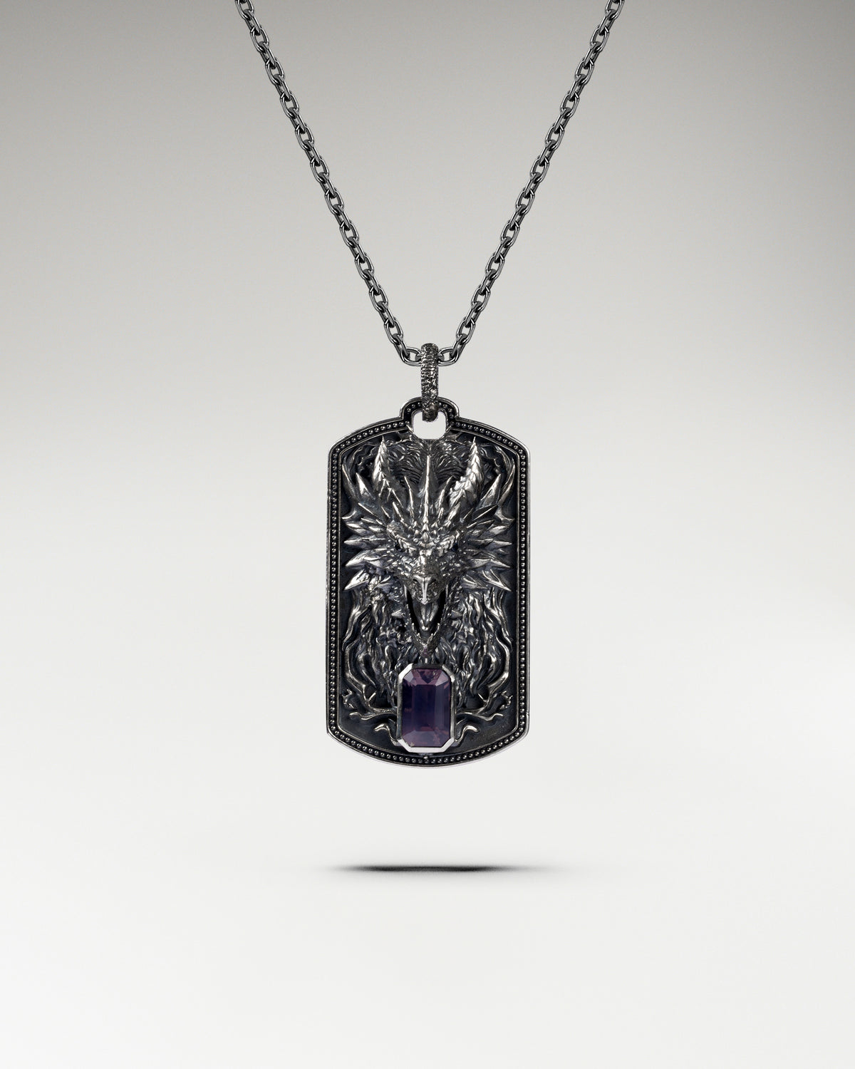 Dragon Dog Tag Pendant In Sterling Silver With Amethyst