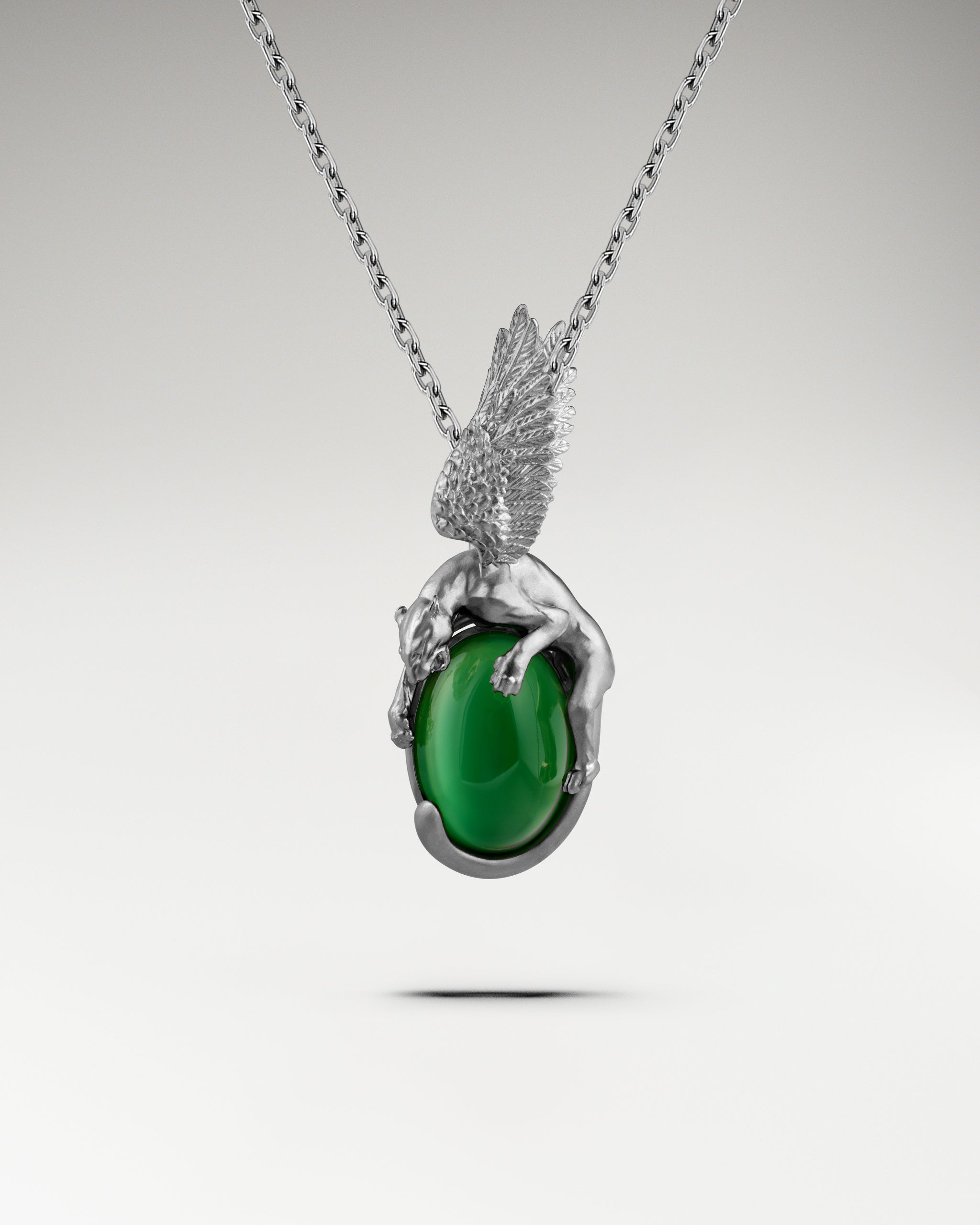 Winged Leopard Pendant In Sterling Silver With Chrysoprase