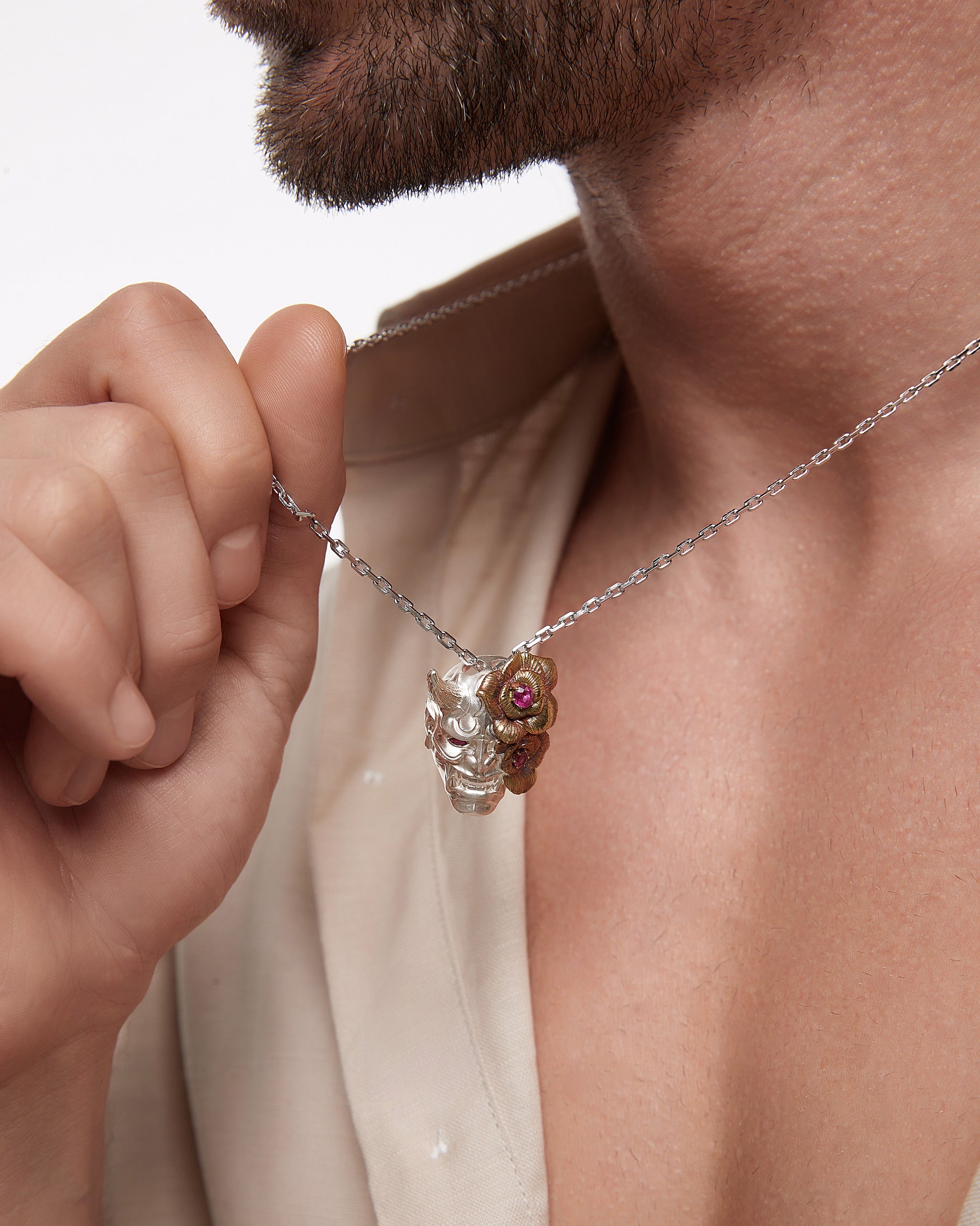 Hannya Mask Pendant Necklace In Gold Vermeil With Ruby