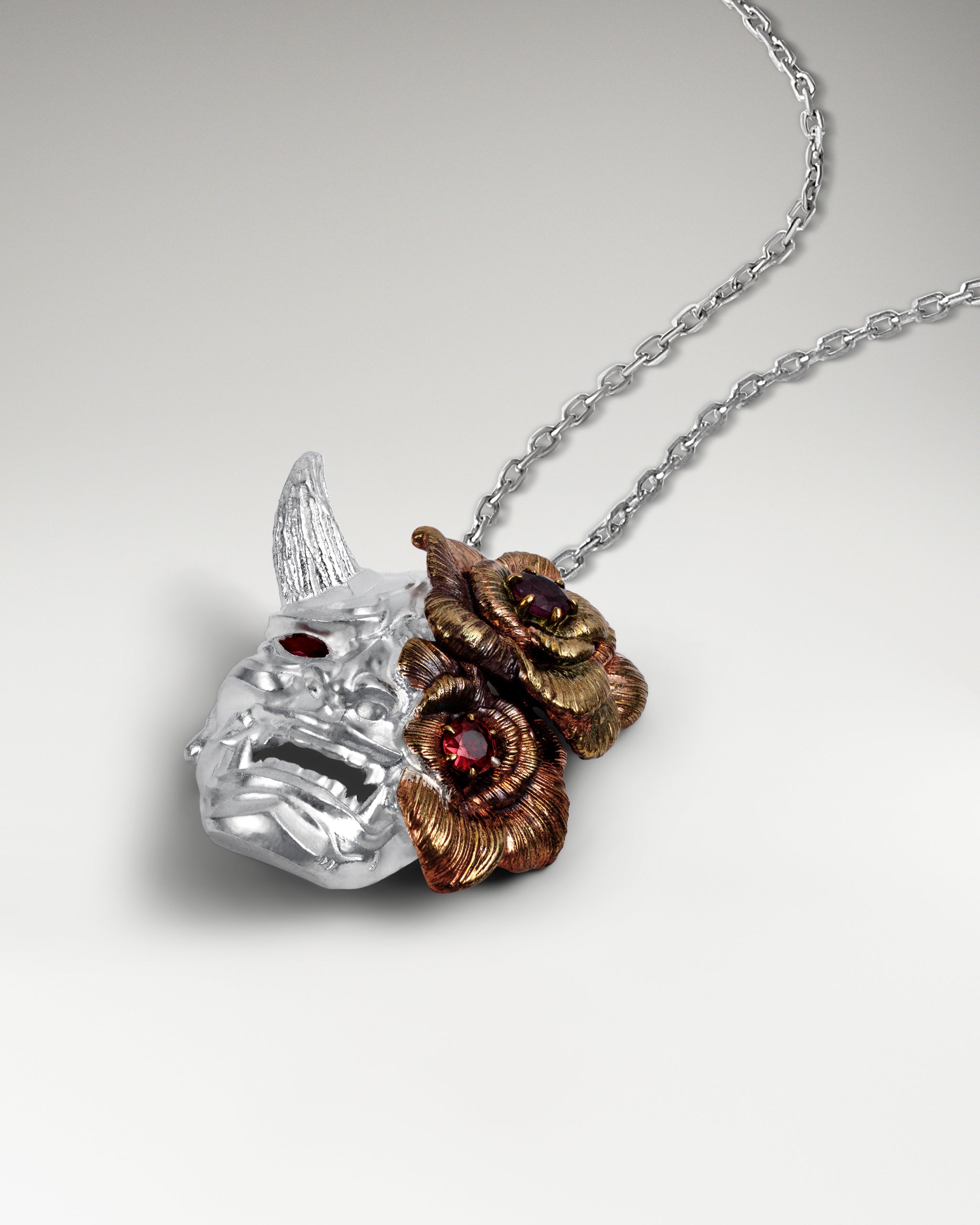 Hannya Mask Pendant Necklace In Gold Vermeil With Ruby