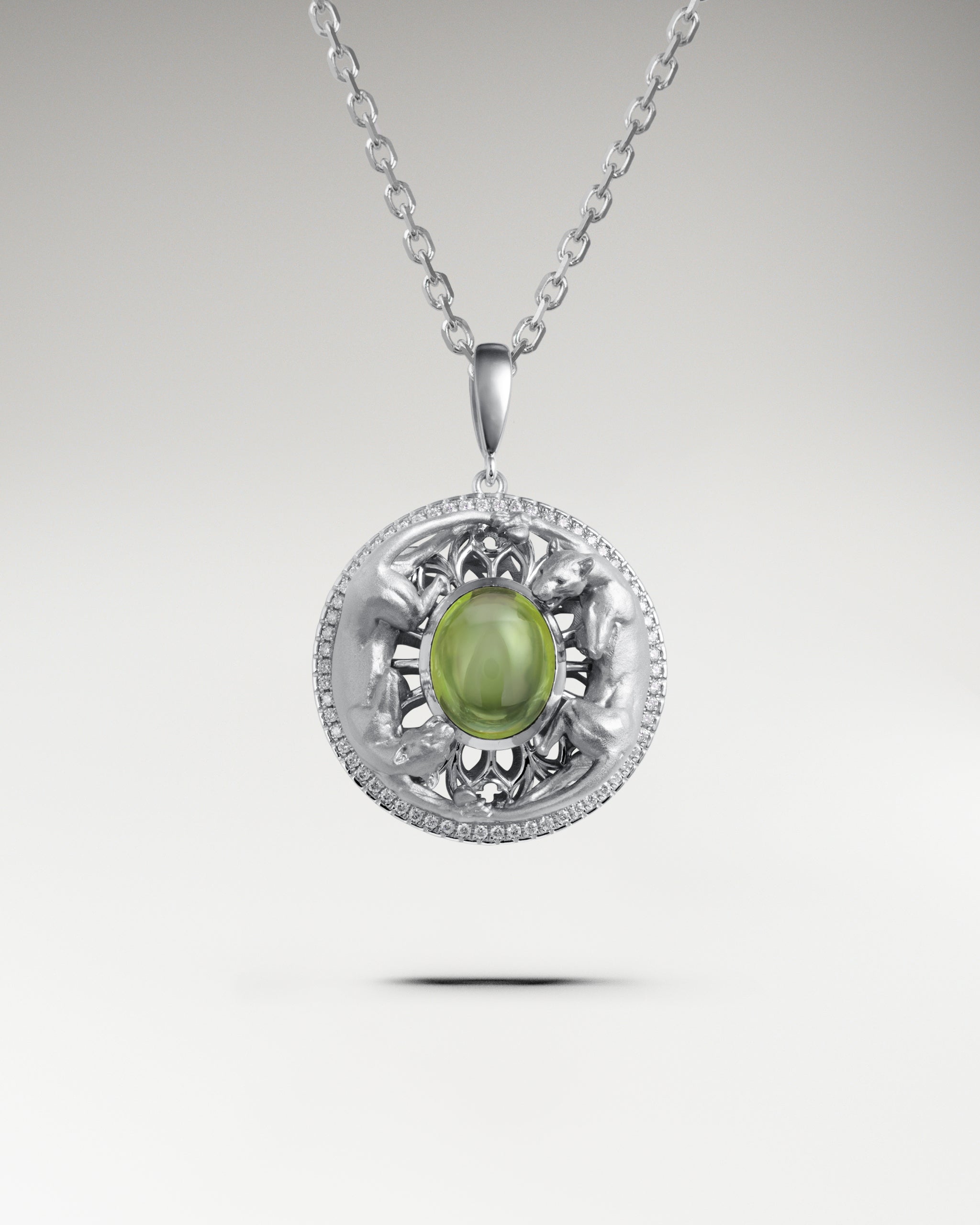 Twin Panthers Medallion Pendant Necklace In Sterling Silver With Garnet