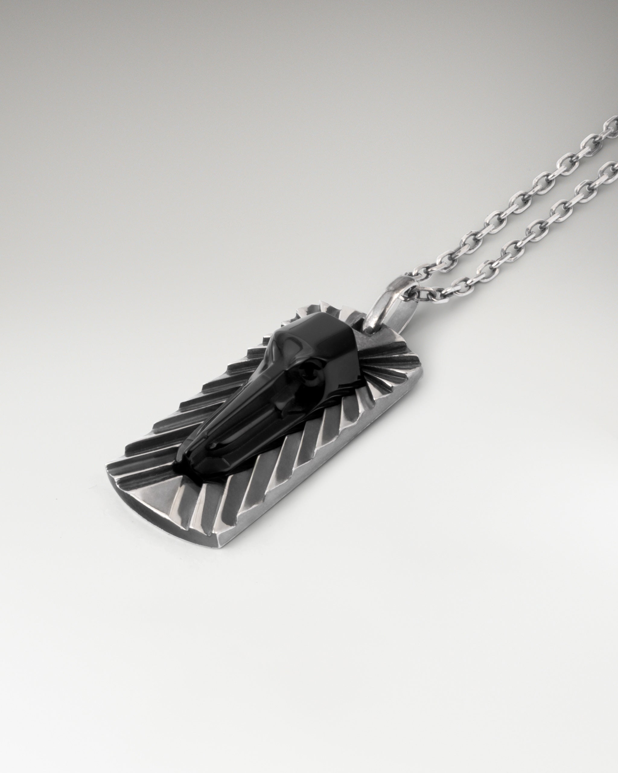 Elephant Guard Pendant Necklace In Sterling Silver With Black Agate