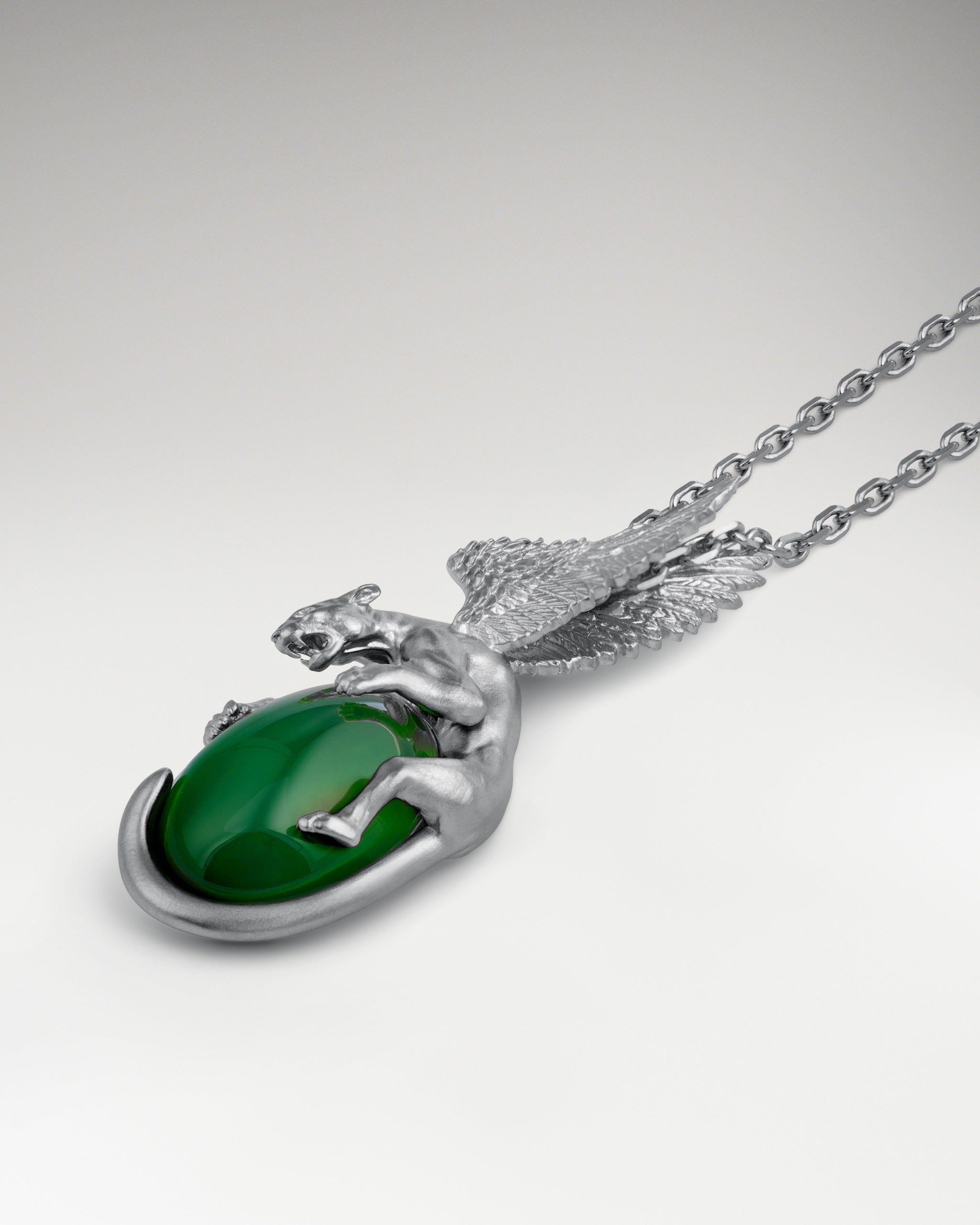 Winged Leopard Pendant In Sterling Silver With Chrysoprase