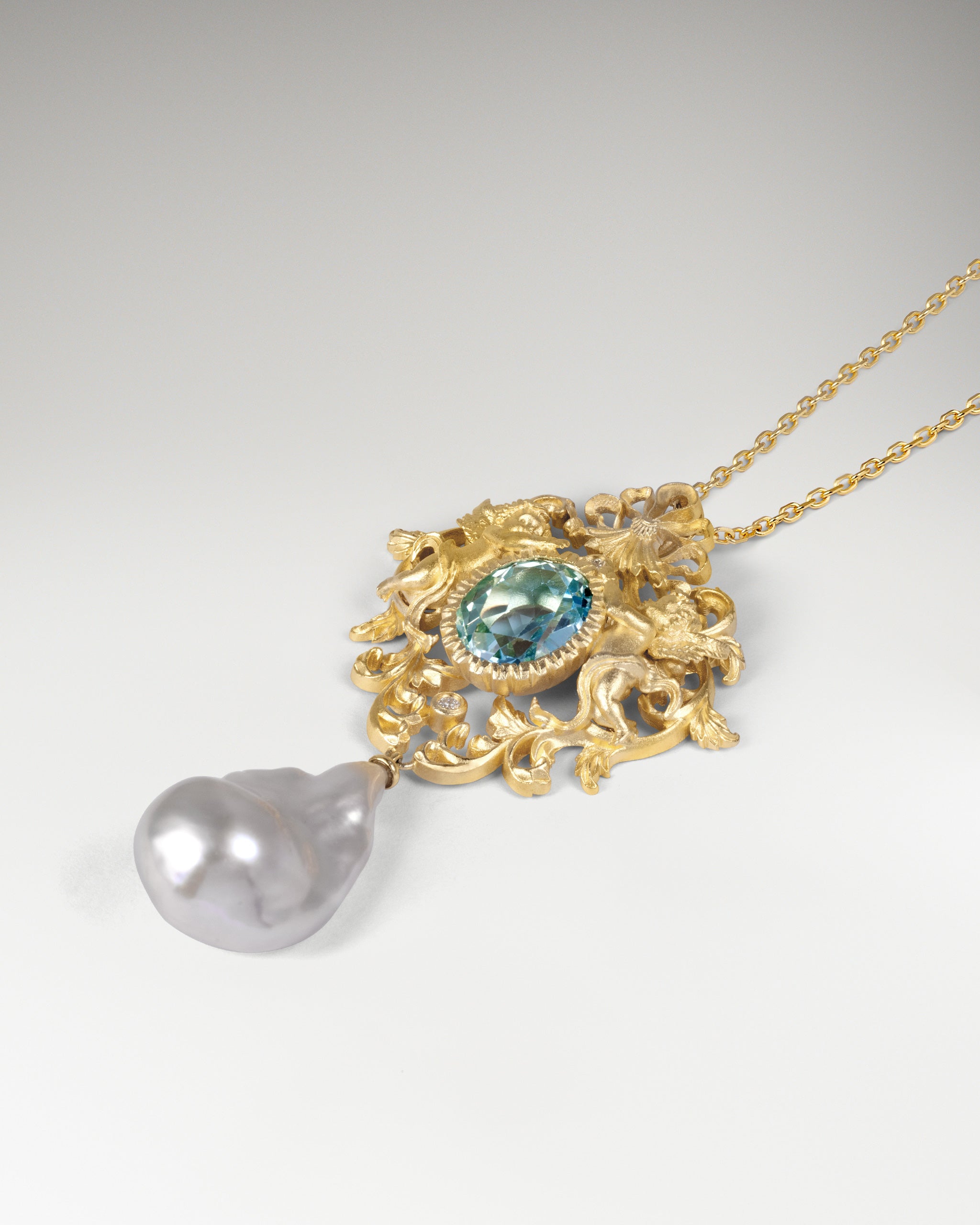 Baroque Cherub Necklace / Brooch Pin In Sterling Silver With Topaz And Pearl