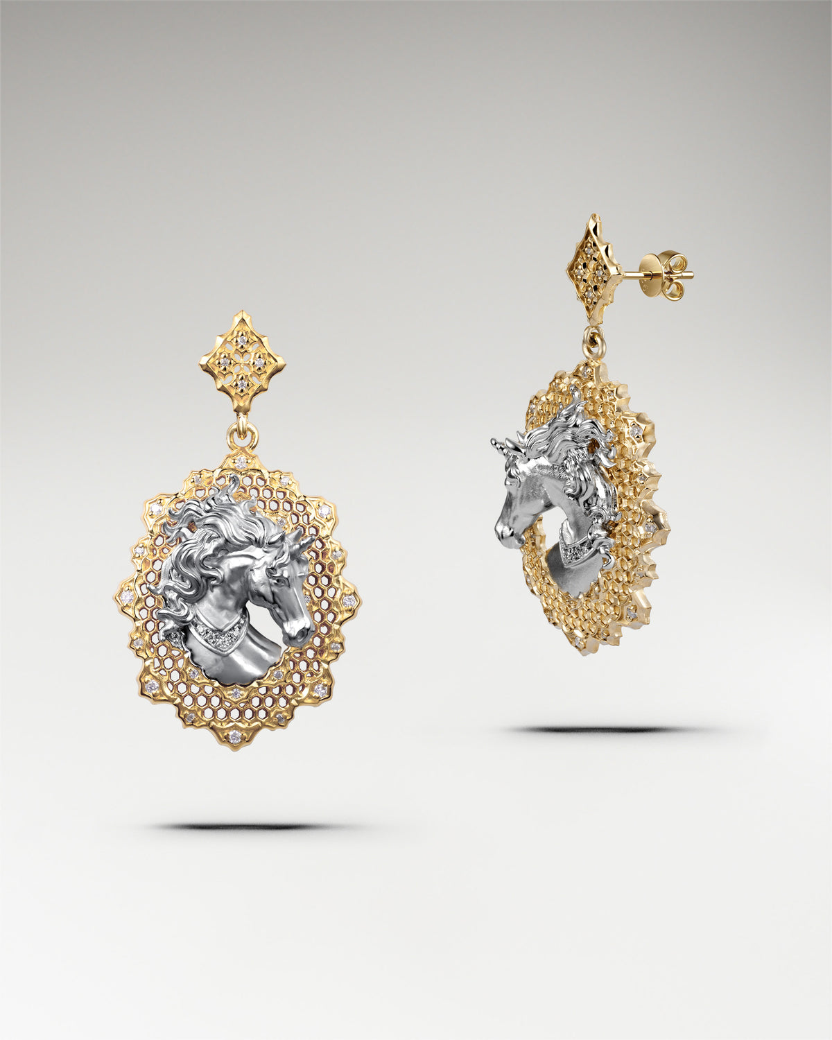 Zephyr Horse Earrings In Sterling Silver With Moissanite