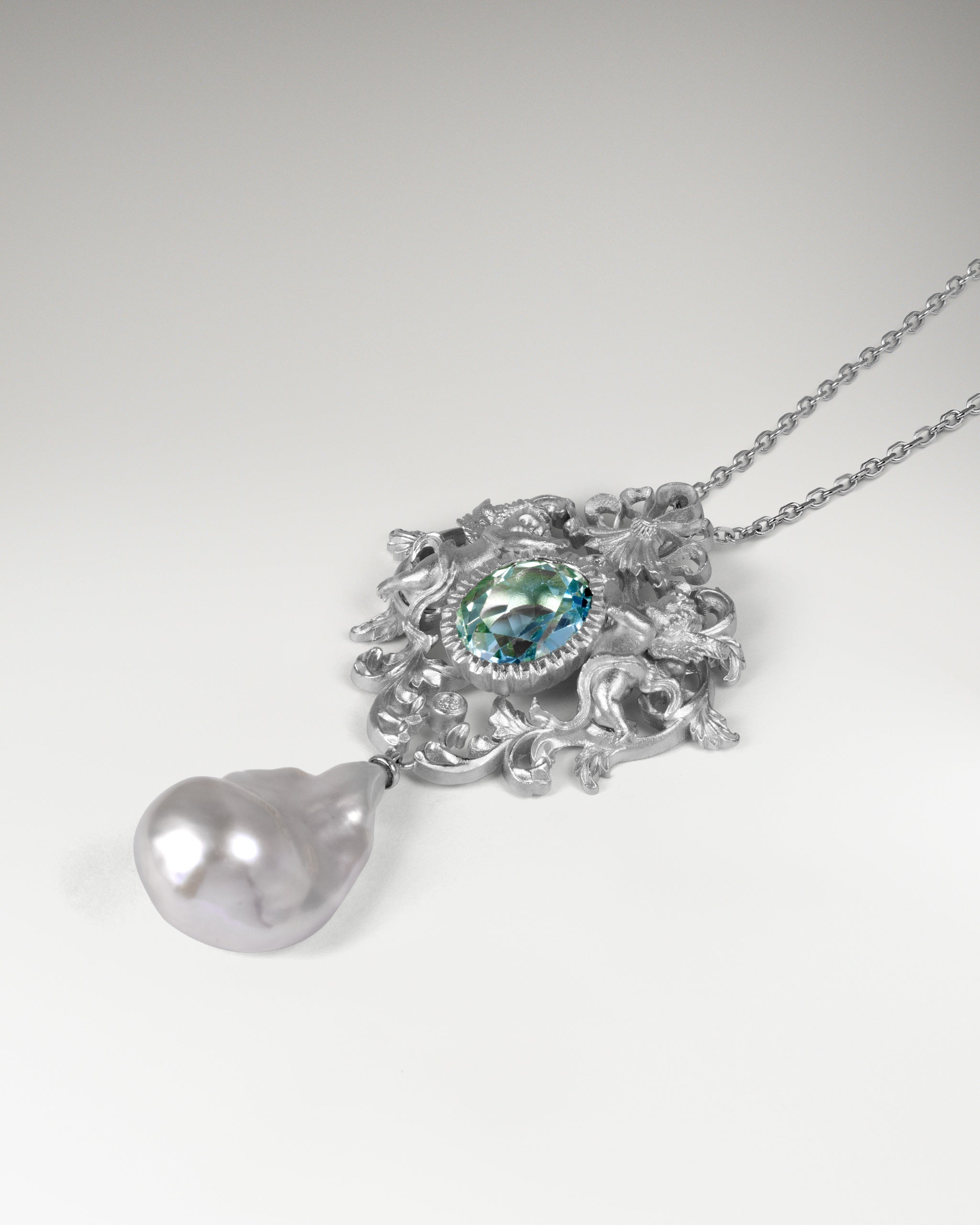 Baroque Cherub Necklace / Brooch Pin In Sterling Silver With Topaz And Pearl