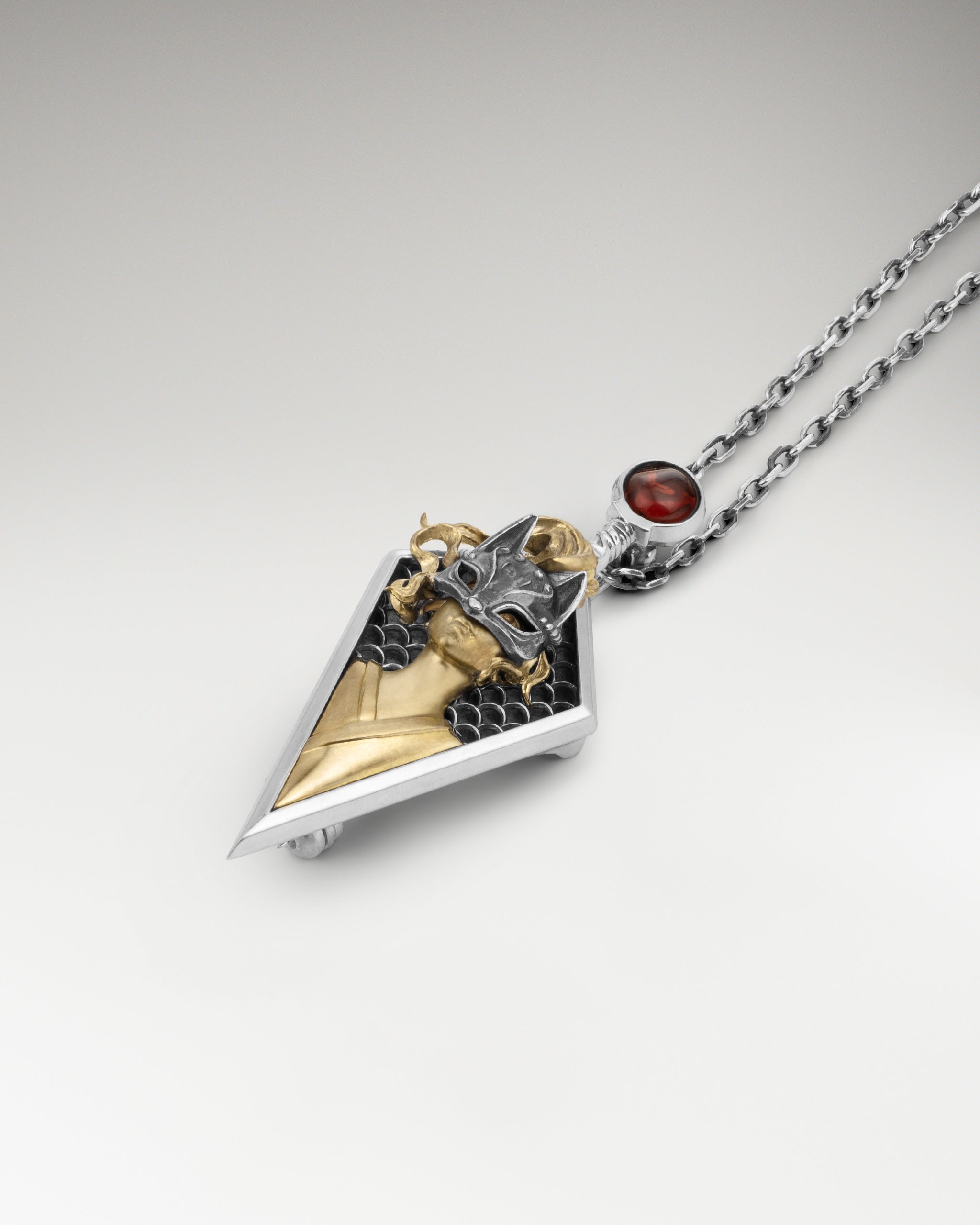 Kitsune Samurai Necklace / Brooch Pin In Sterling Silver With Garnet