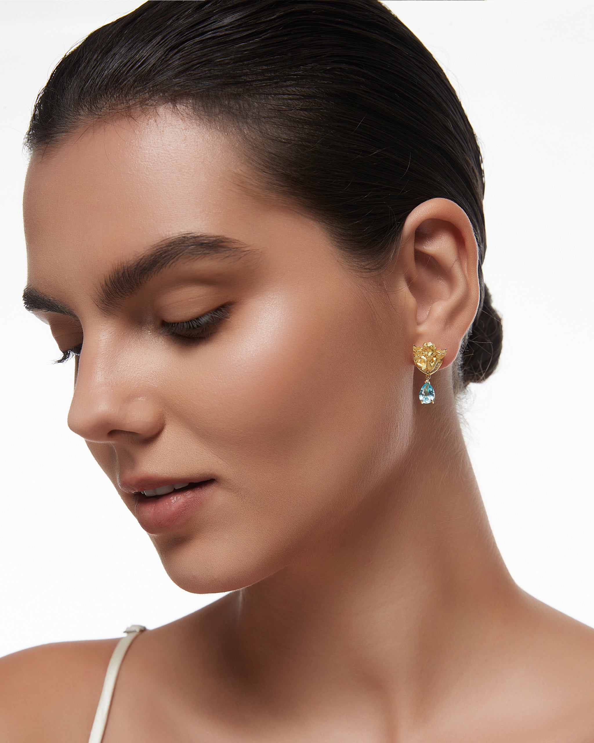 Boucles d'oreilles pendantes Cupidon en argent sterling avec topaze