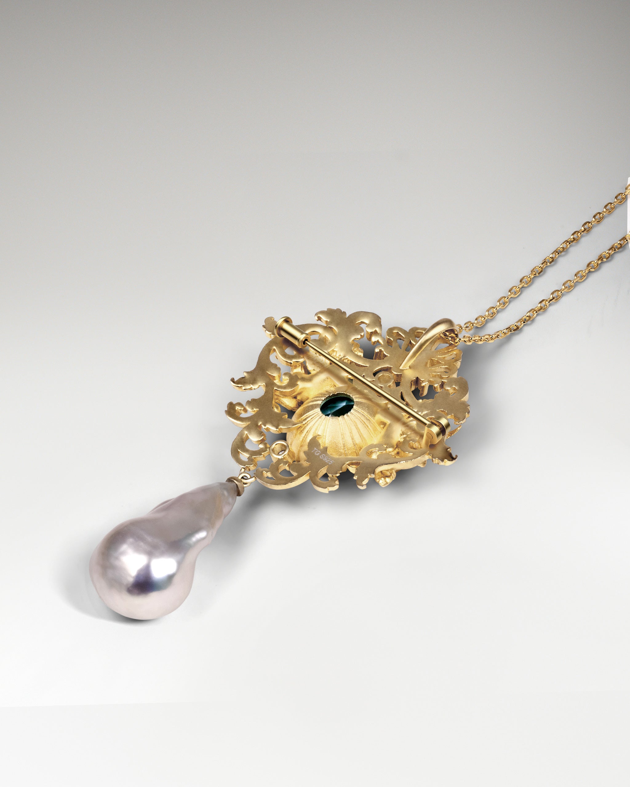 Baroque Cherub Necklace / Brooch Pin In Sterling Silver With Topaz And Pearl