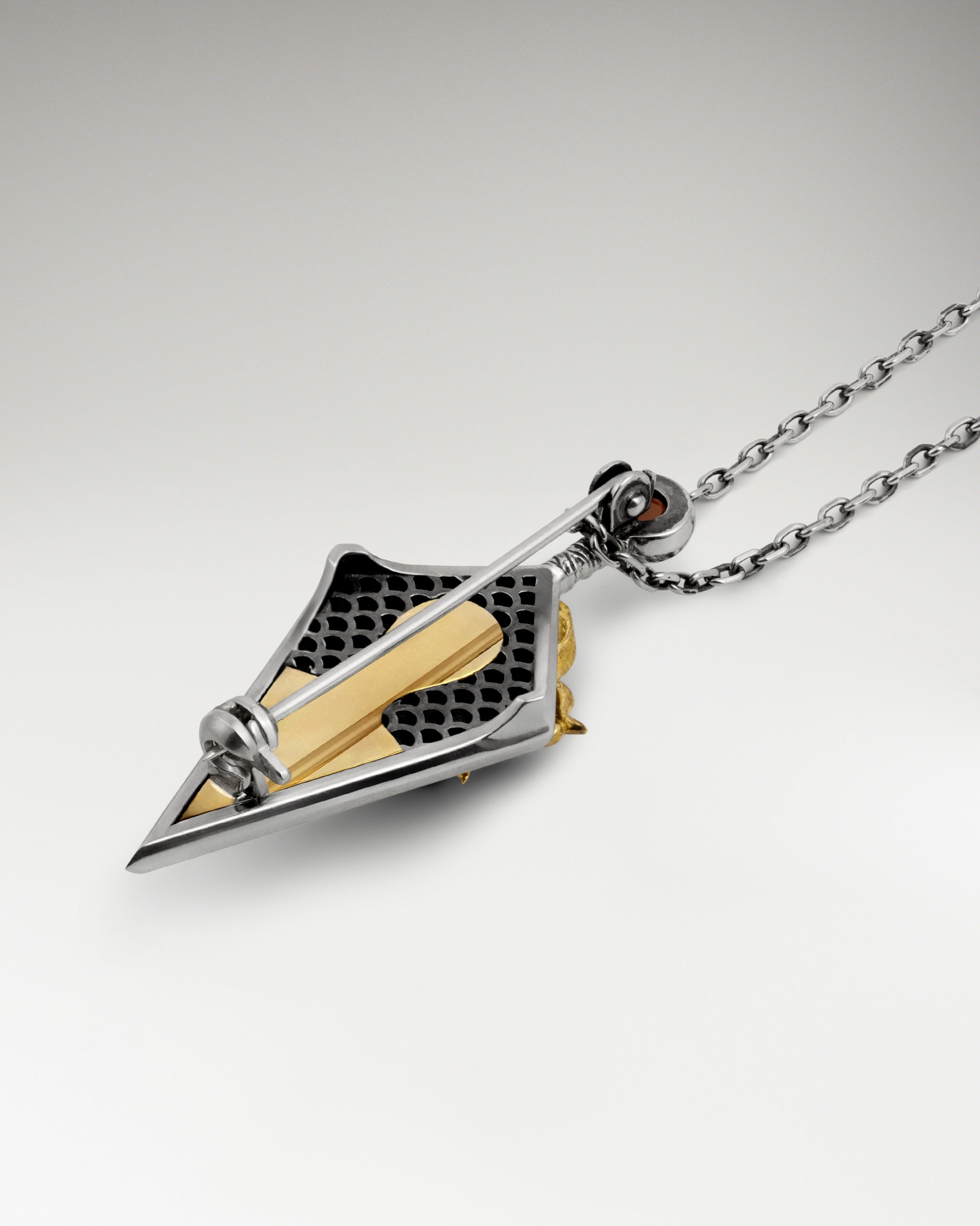 Kitsune Samurai Necklace / Brooch Pin In Sterling Silver With Garnet