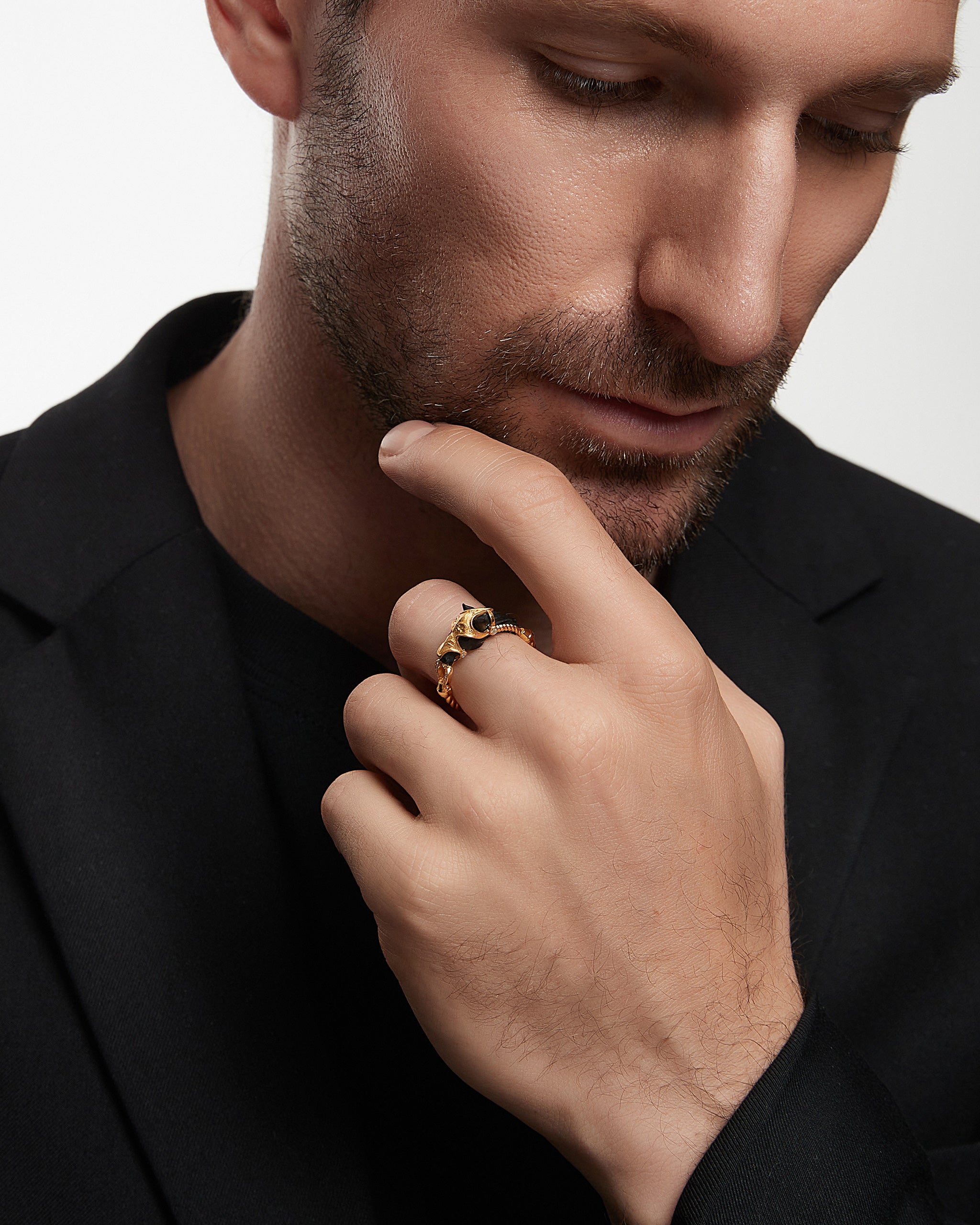 モアッサナイト付きスターリングシルバーとブラックアゲートのワイルド レンジリング リング