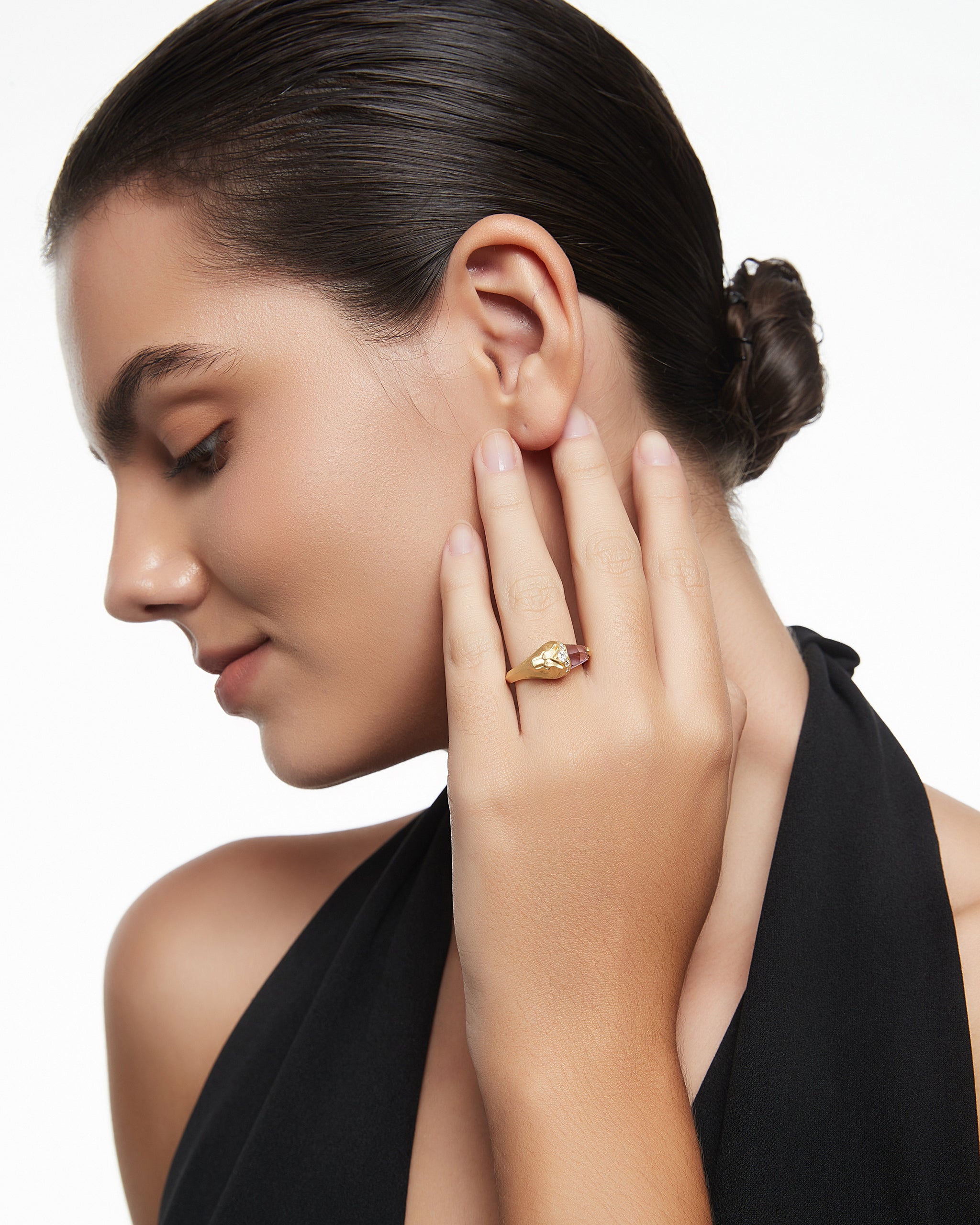 ガーネットとモアサナイトをあしらったスターリングシルバーのライオン スターライト リング