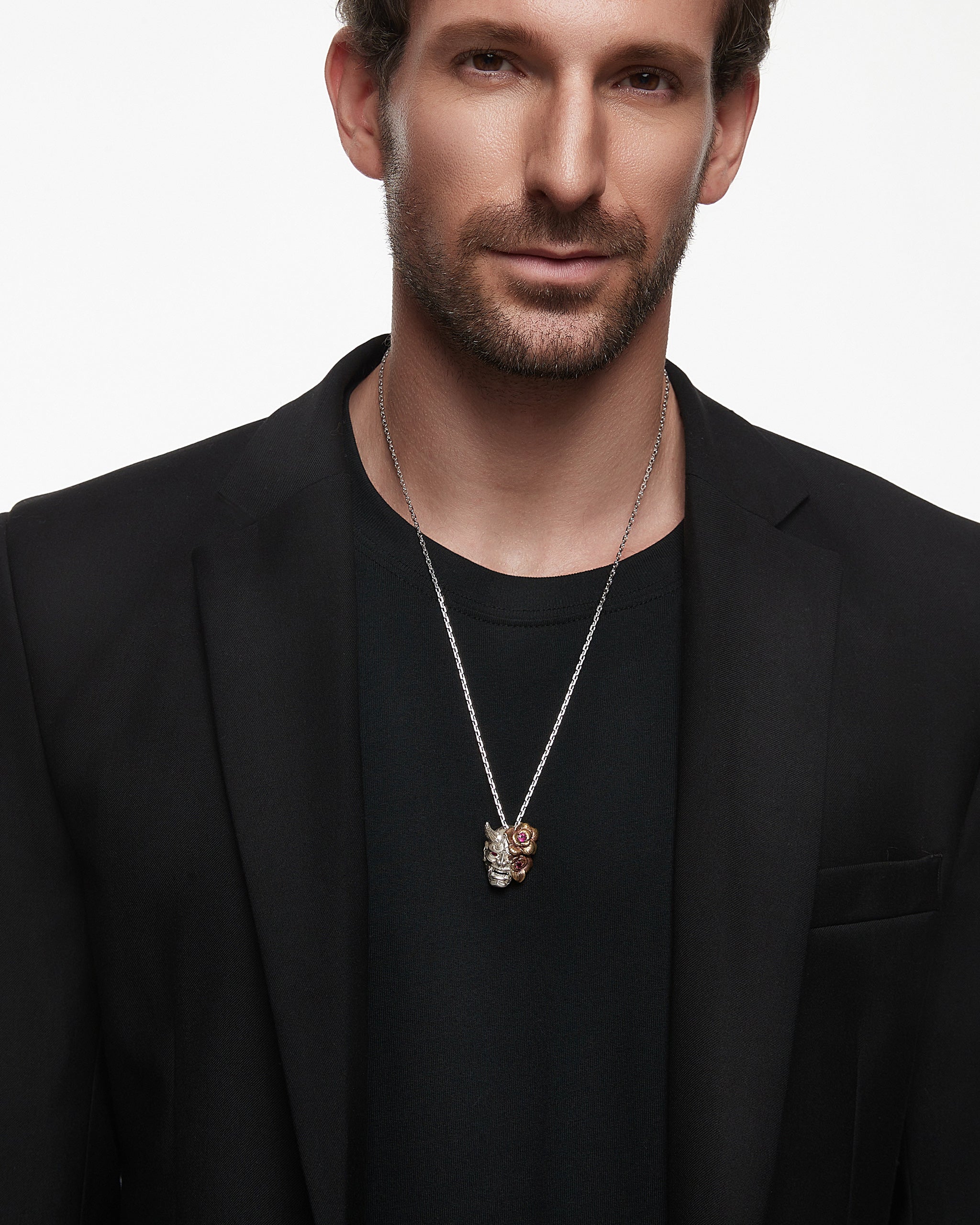 Hannya Mask Pendant Necklace In Gold Vermeil With Ruby