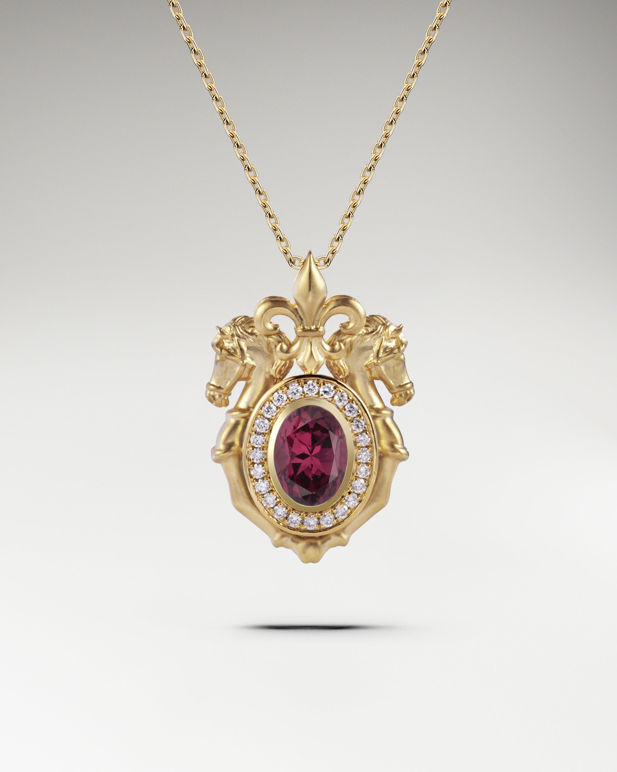 Twin Stallion Pendant In Gold With Red Sapphire And Diamond