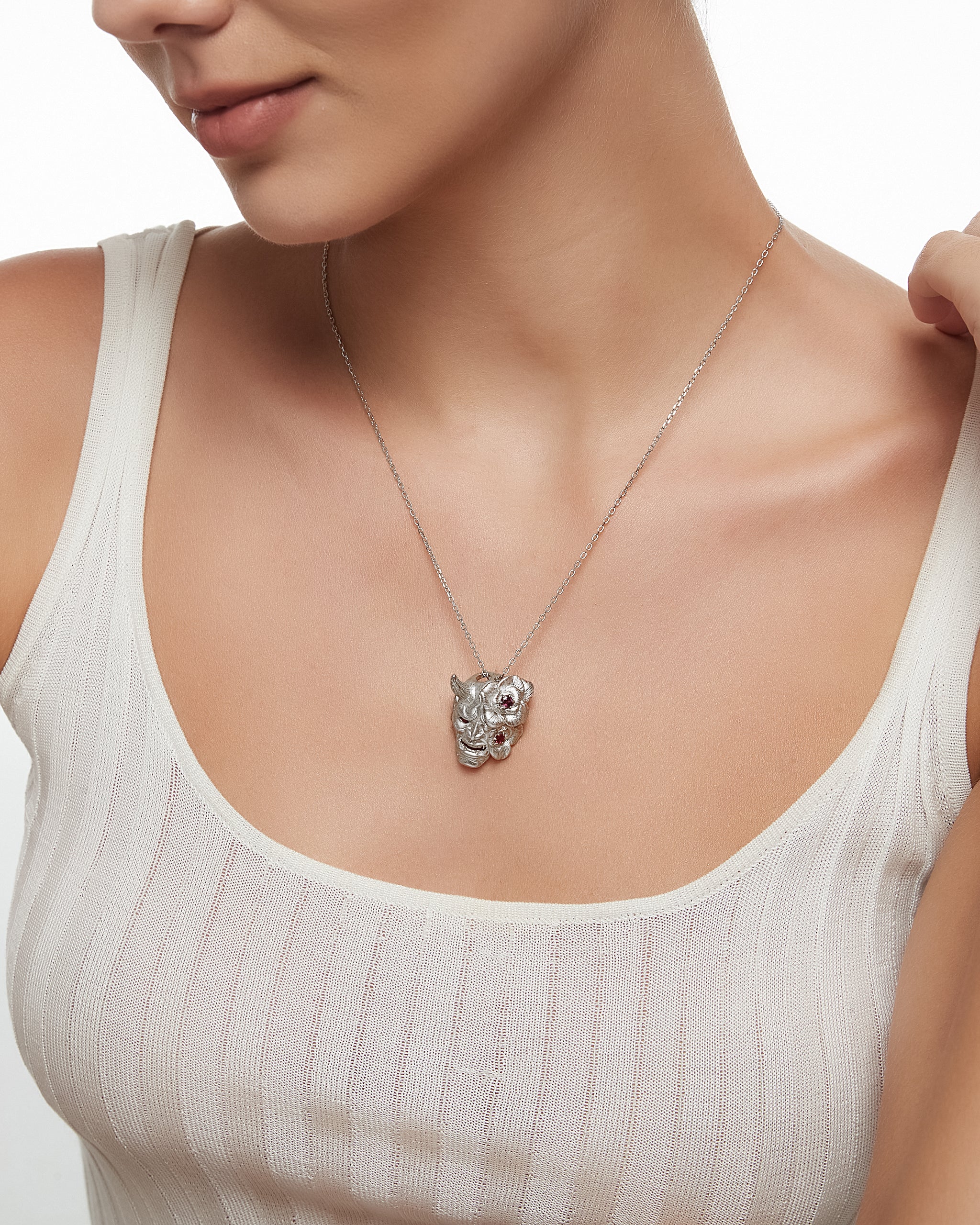 Hannya Mask Pendant Necklace In Gold Vermeil With Ruby