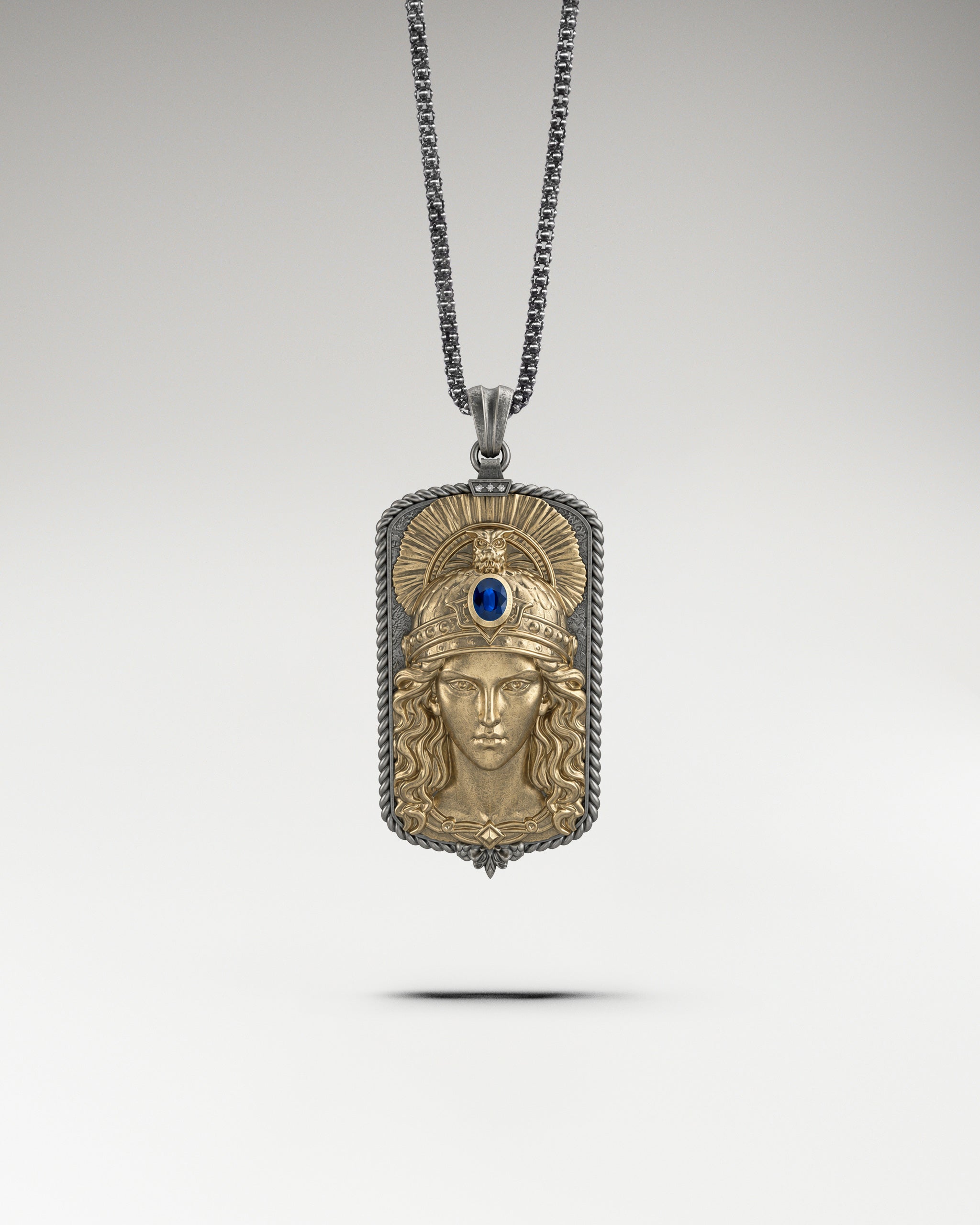 Athena Dog Tag Pendant In Sterling Silver With Sapphire