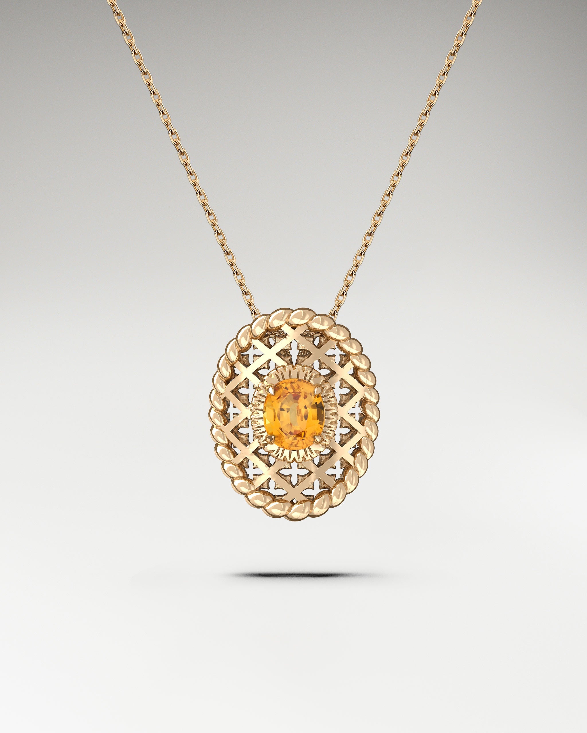 10k yellow gold horse saddle necklace with an orange citrine gemstone.