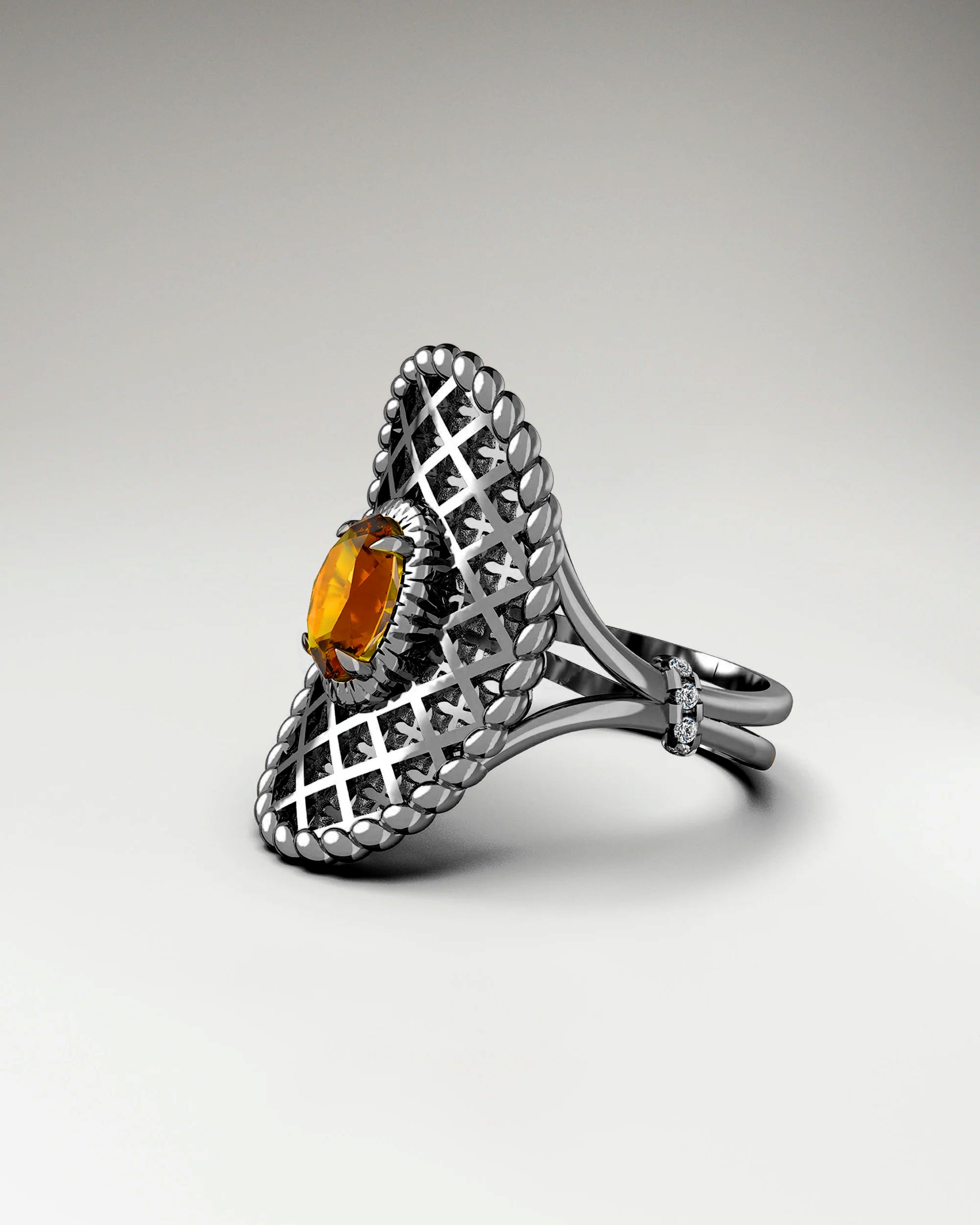 西式马鞍形戒指,纯银镶嵌黄水晶