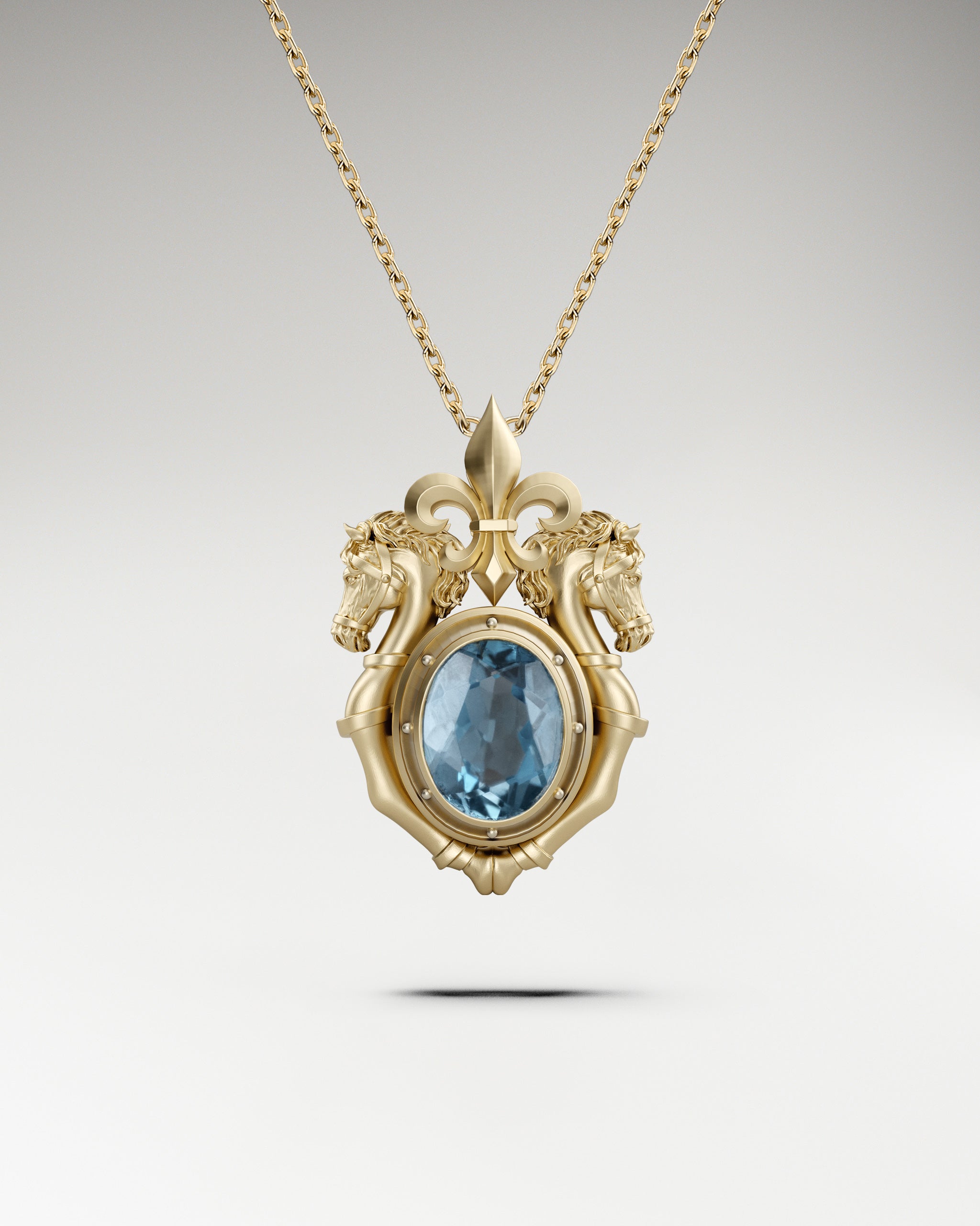 Twin Stallion Pendant Necklace In Sterling Silver With Blue Topaz