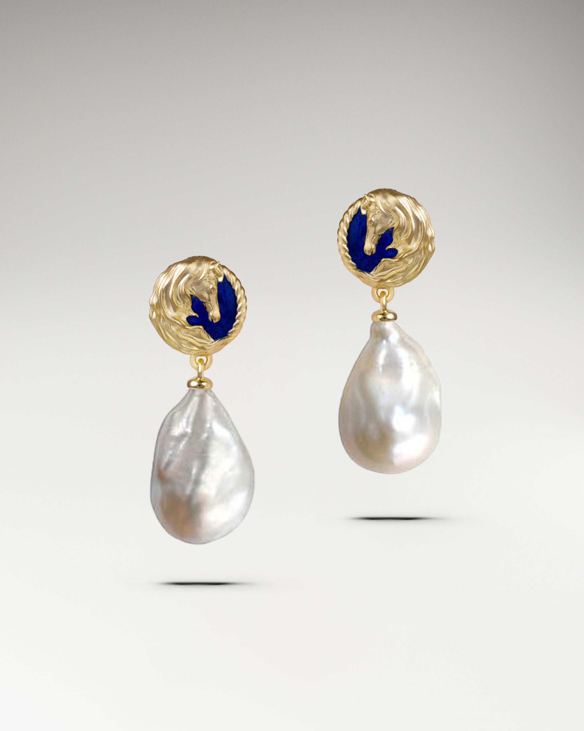 Horse Sculpture Dangle Earrings In Gold With Baroque Pearl