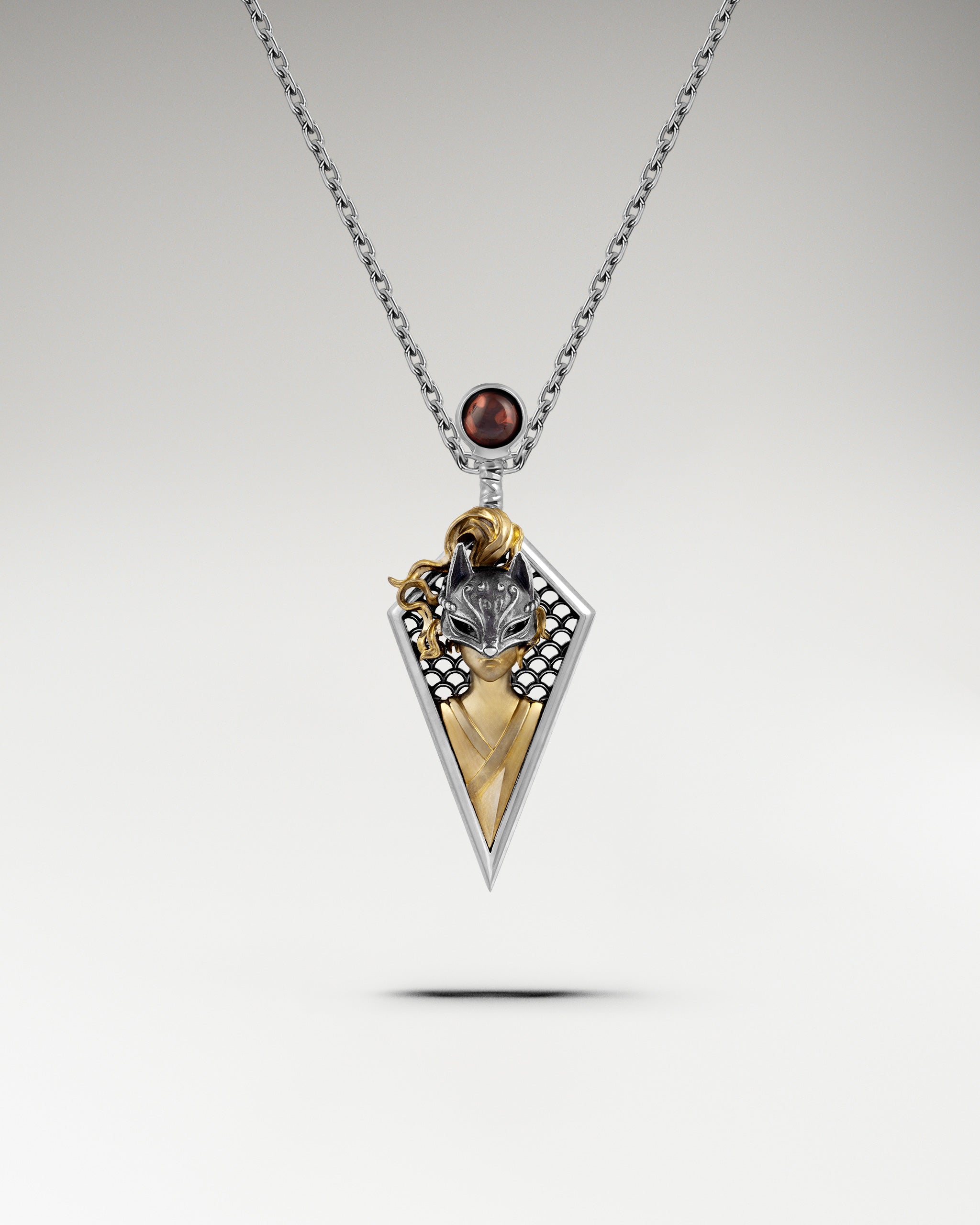 Kitsune Samurai Necklace / Brooch Pin In Sterling Silver With Garnet