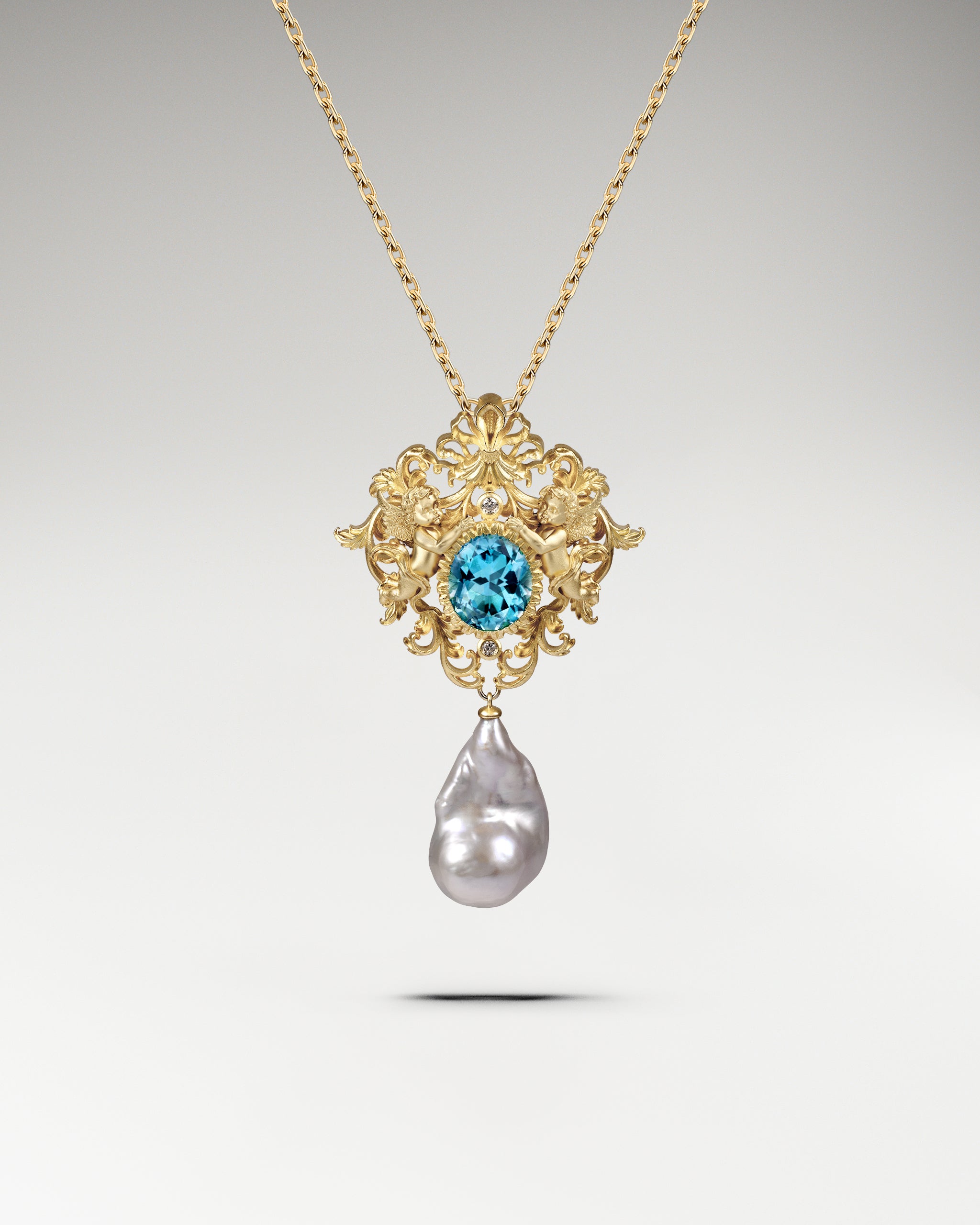 Baroque Cherub Necklace / Brooch Pin In Sterling Silver With Topaz And Pearl