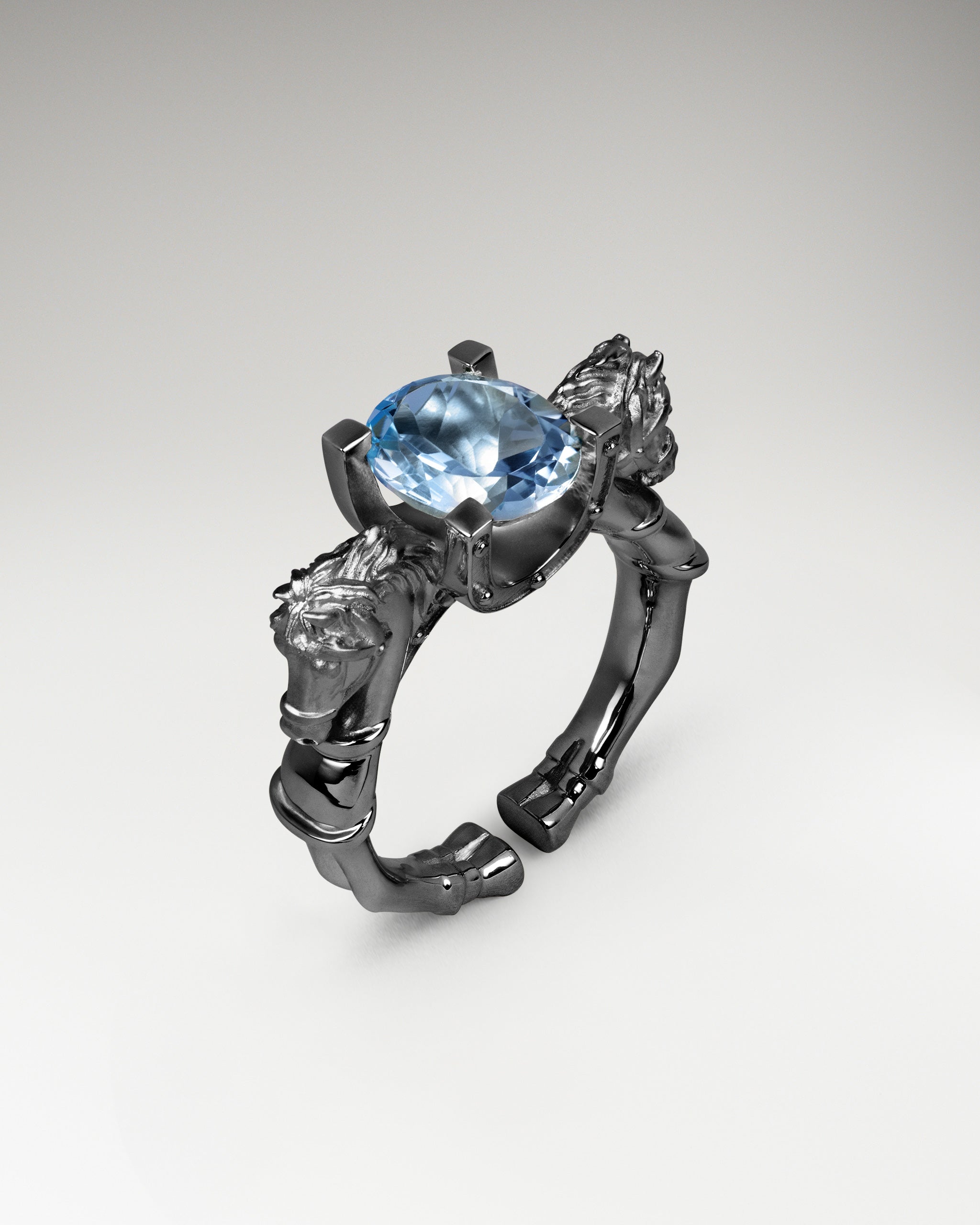 Twin Stallion Ring In Sterling Silver With Blue Topaz