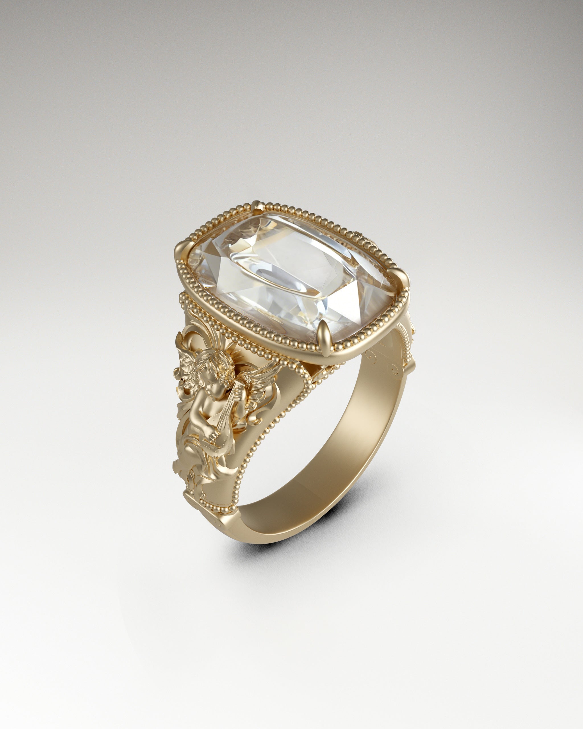 Angel Playing Lyre Ring In Sterling Silver With Moonstone