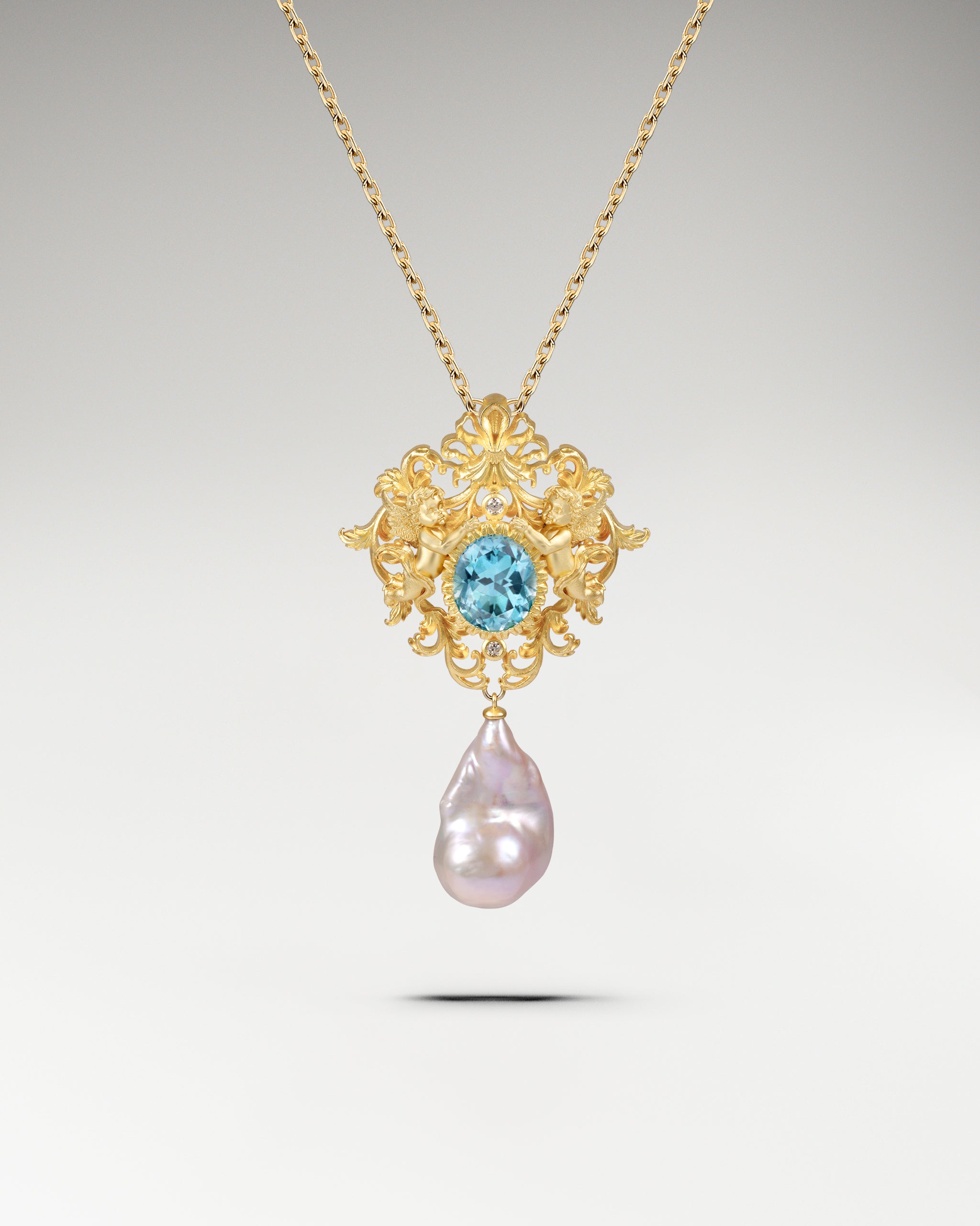 Baroque Cherub Necklace / Brooch Pin In Sterling Silver With Topaz And Pearl