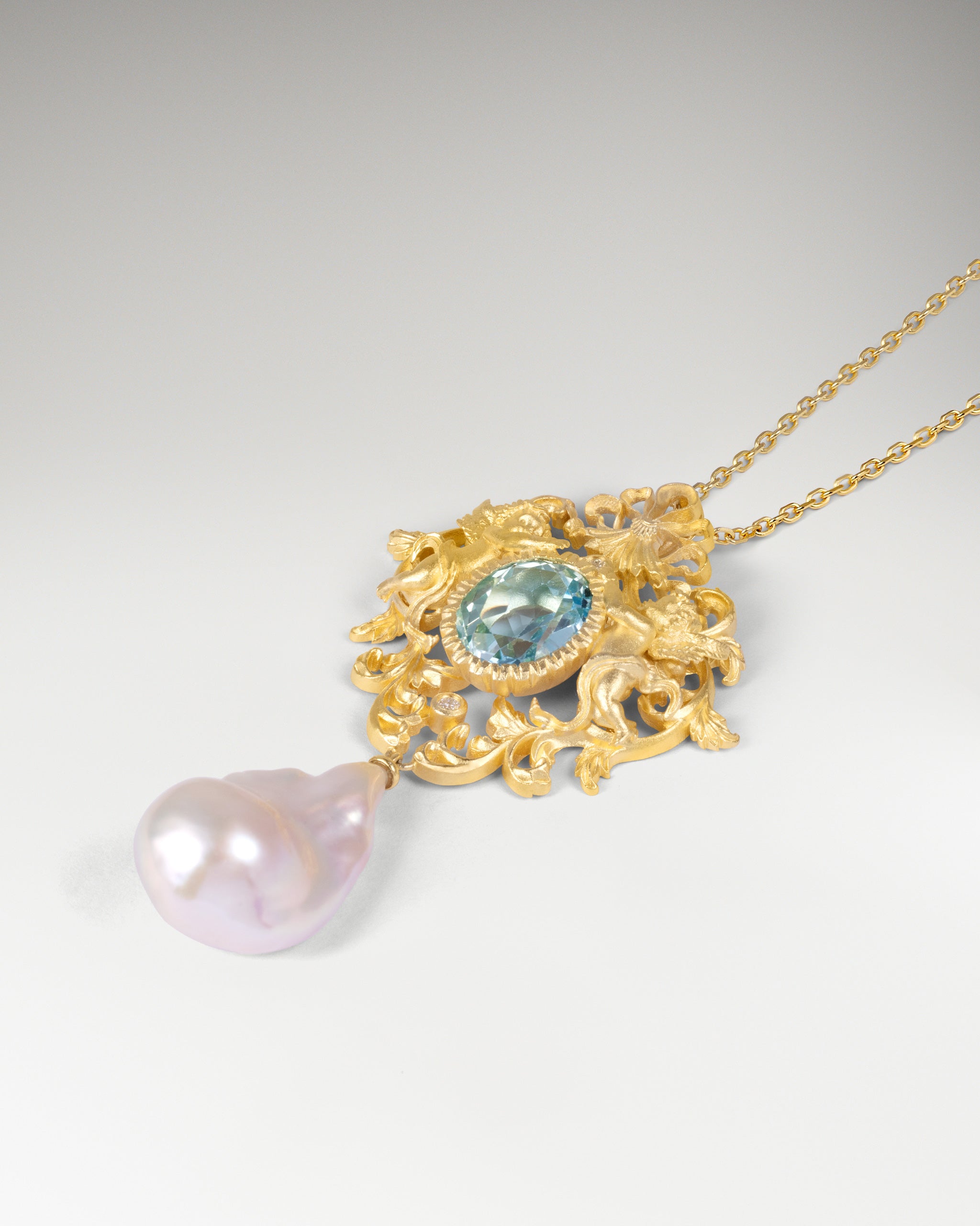 Baroque Cherub Necklace / Brooch Pin In Sterling Silver With Topaz And Pearl