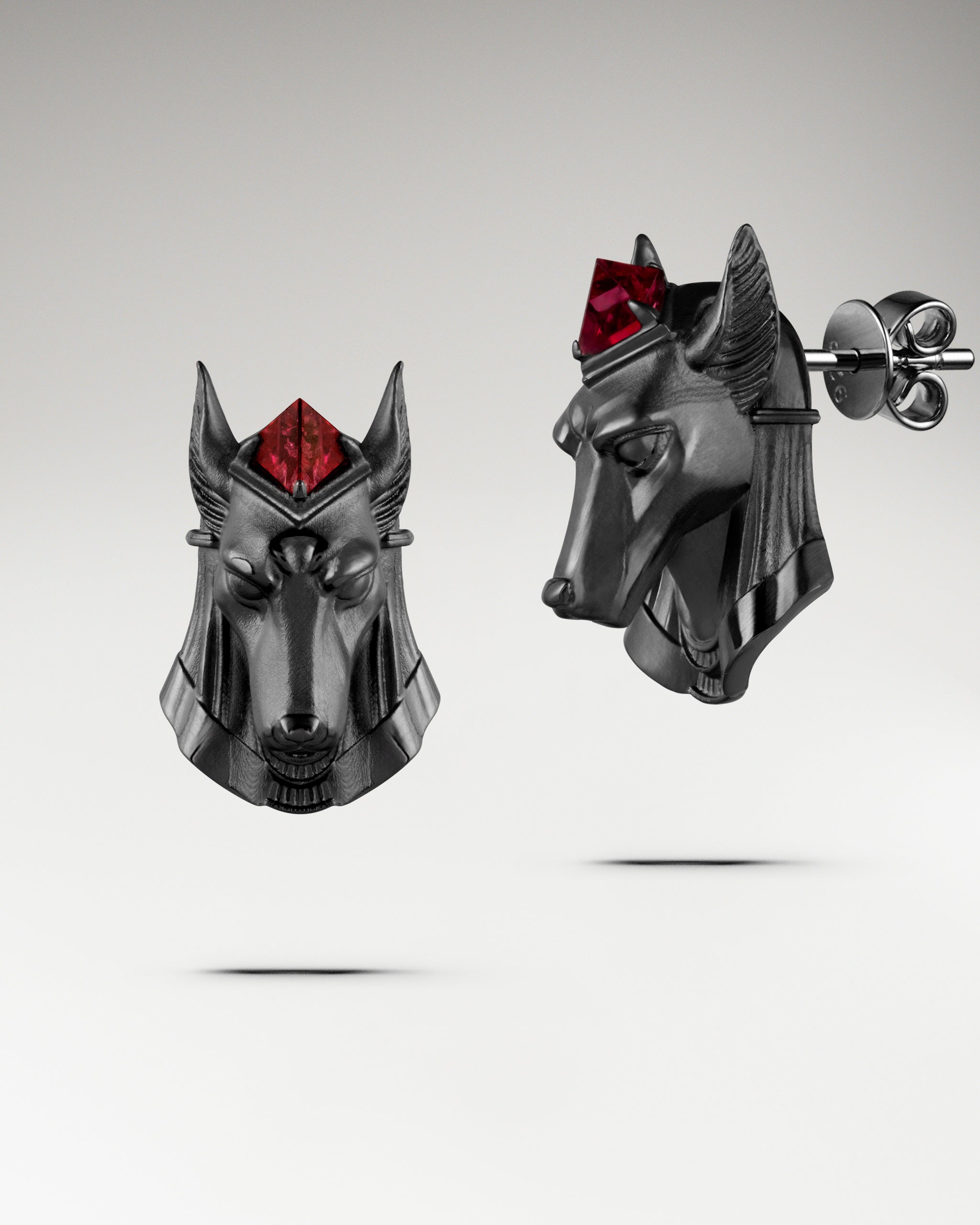 Anubis Guardian Earrings In Sterling Silver With Garnet