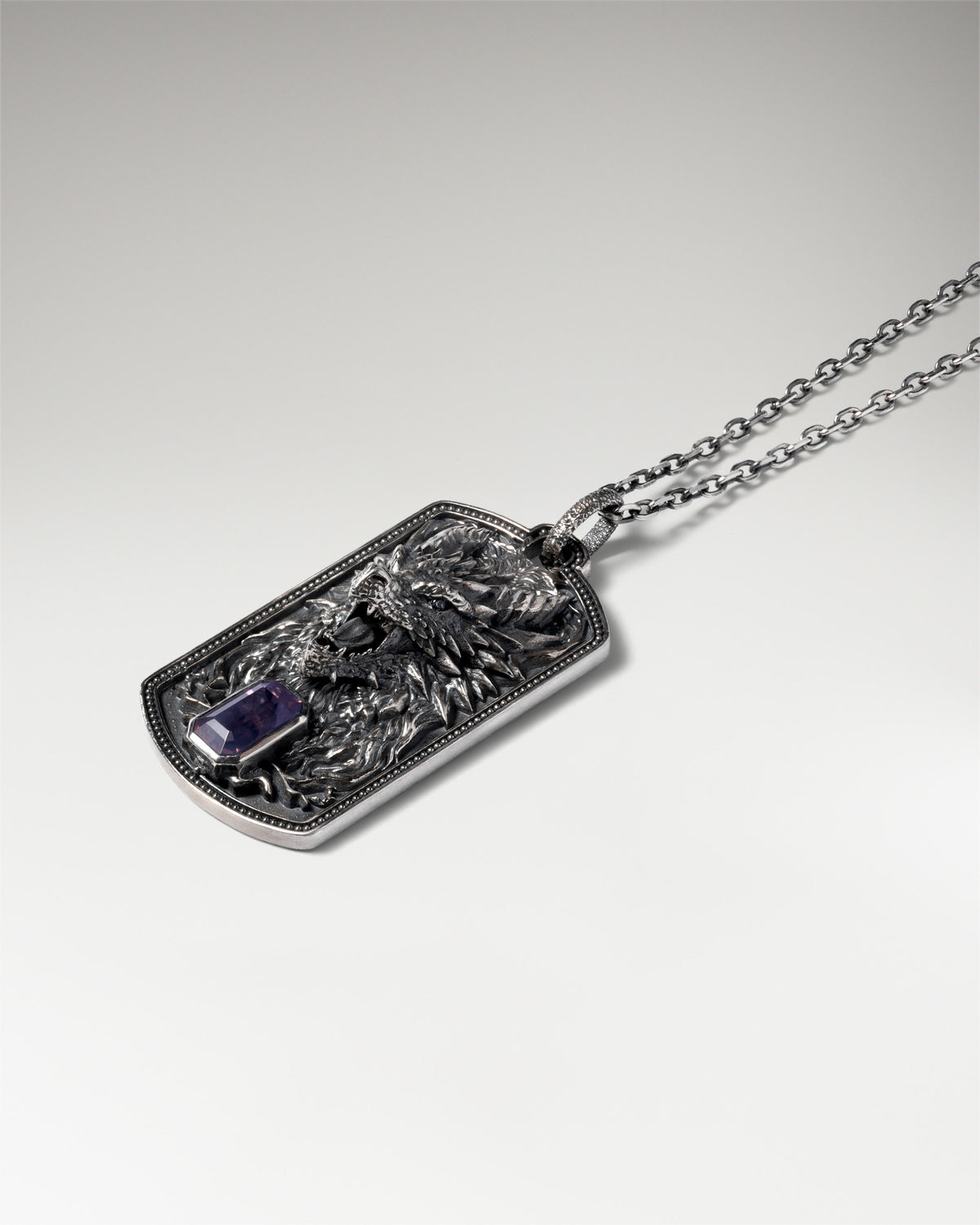 Dragon Dog Tag Pendant In Sterling Silver With Amethyst