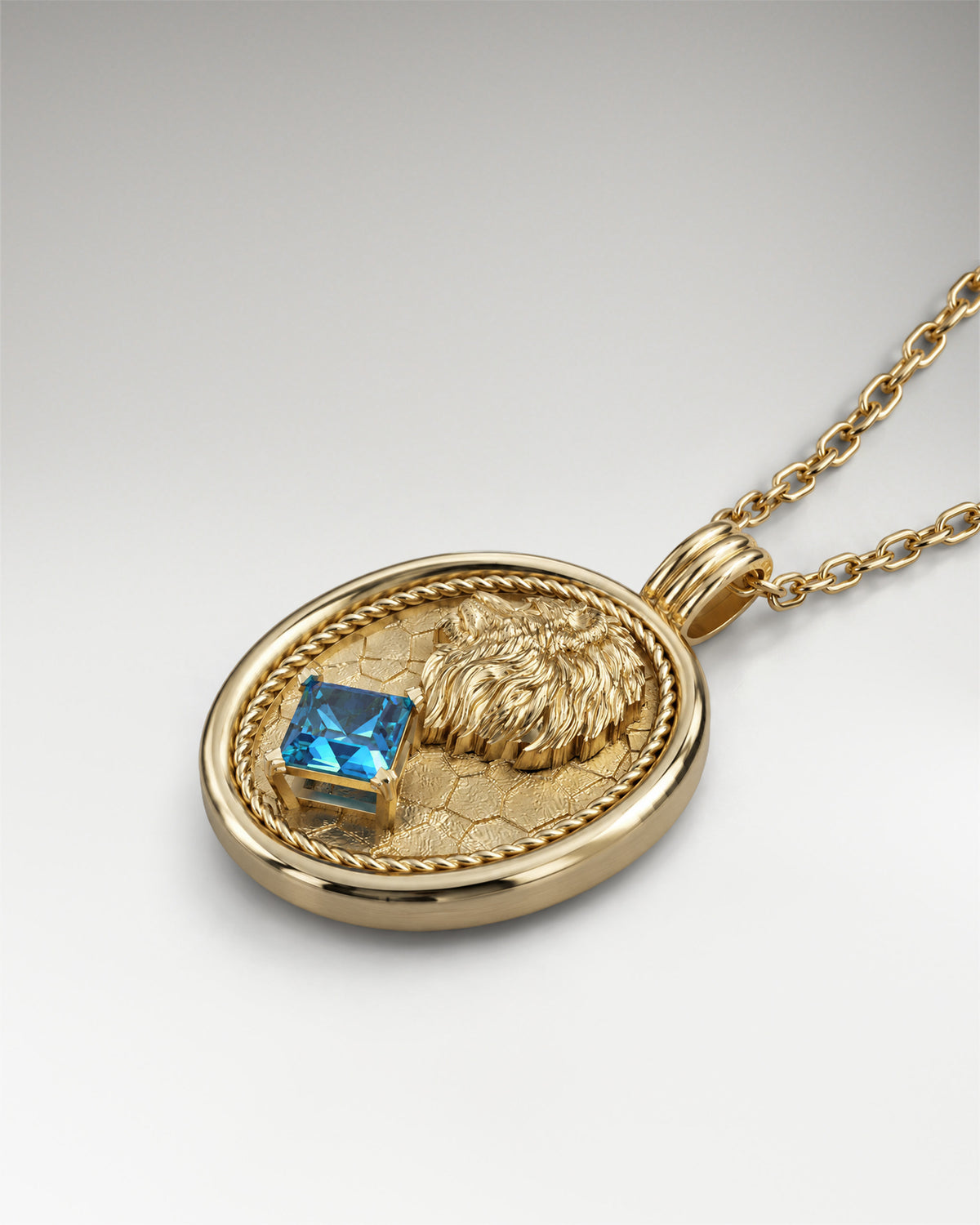 The Lion Medallion Necklace Pendant In Sterling Silver With Topaz