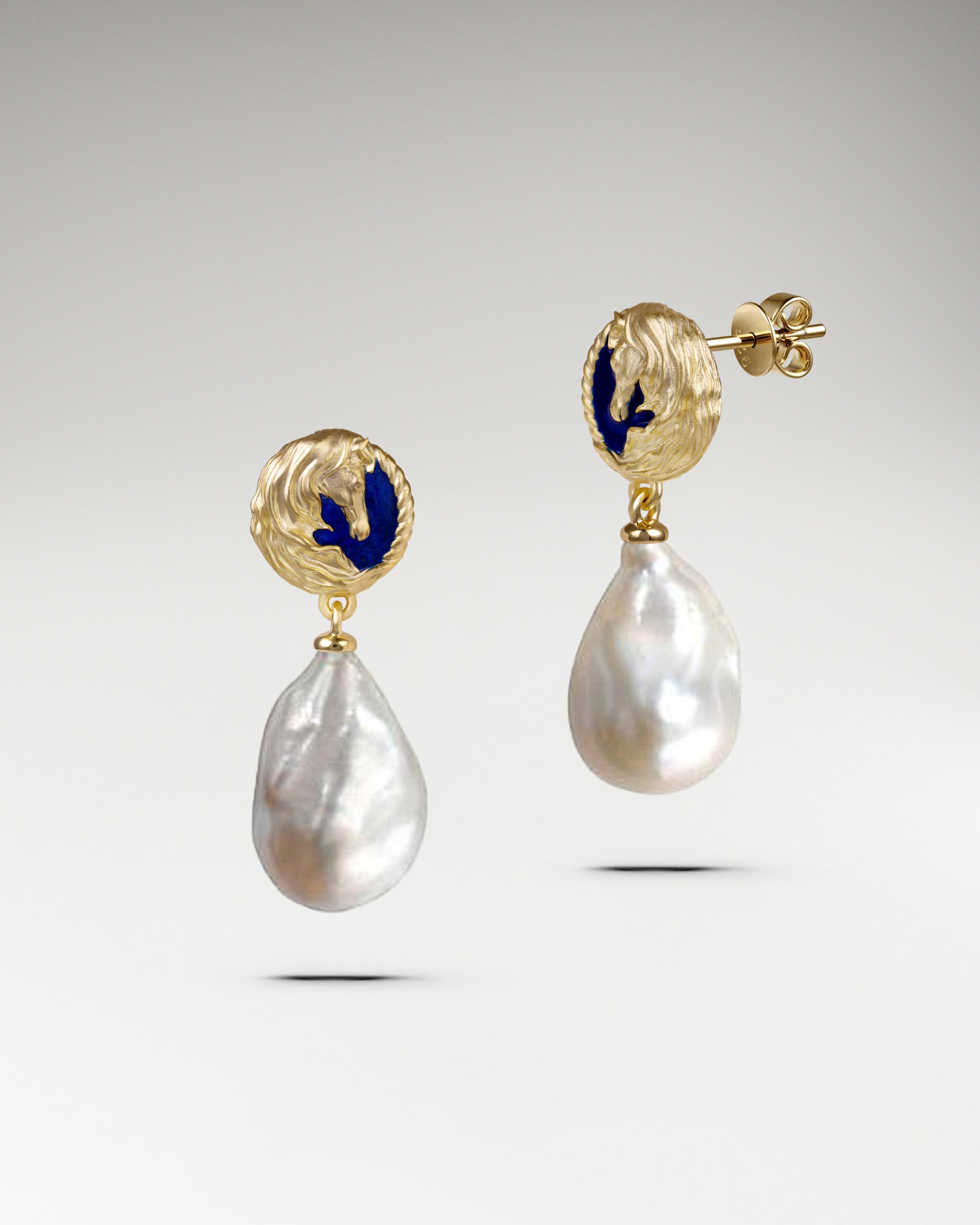 Horse Sculpture Dangle Earrings In Gold With Baroque Pearl