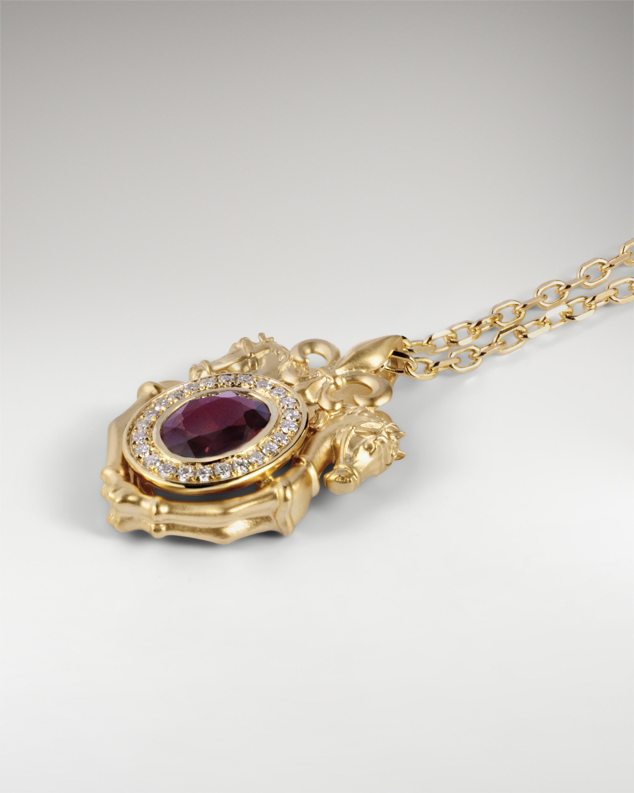 Twin Stallion Pendant In Gold With Red Sapphire And Diamond