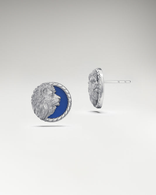 Aretes con forma de león de la pradera en plata de ley con esmalte azul