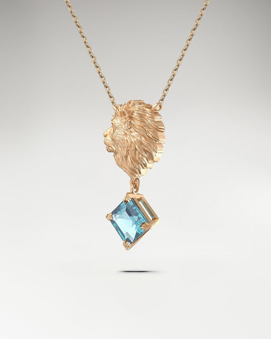 Die Löwe-Anhänger-Halskette aus Gold mit Aquamarin