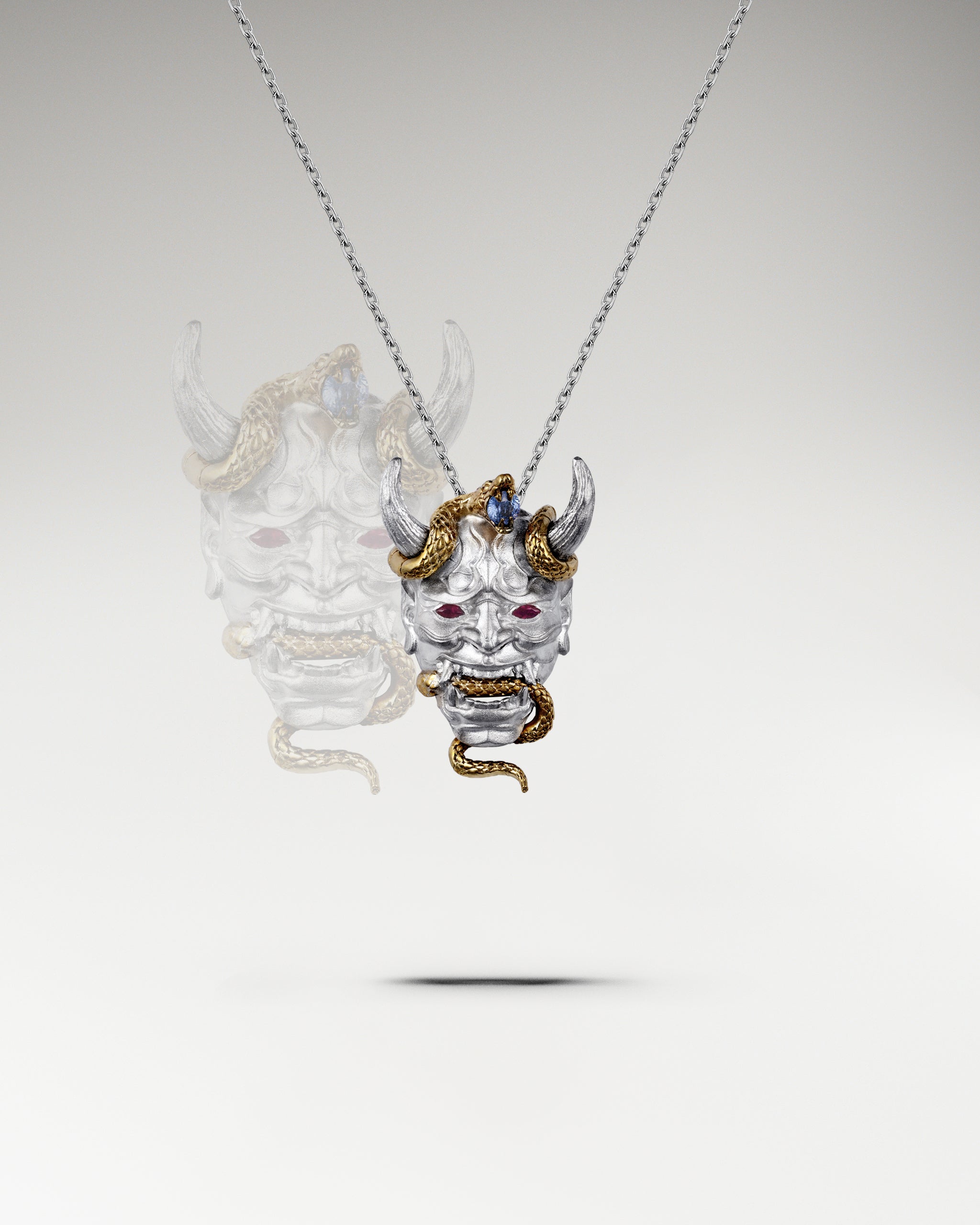 Orochi Noh Mask Pendant | 925 Sterling Silver & Sapphire - TRUE