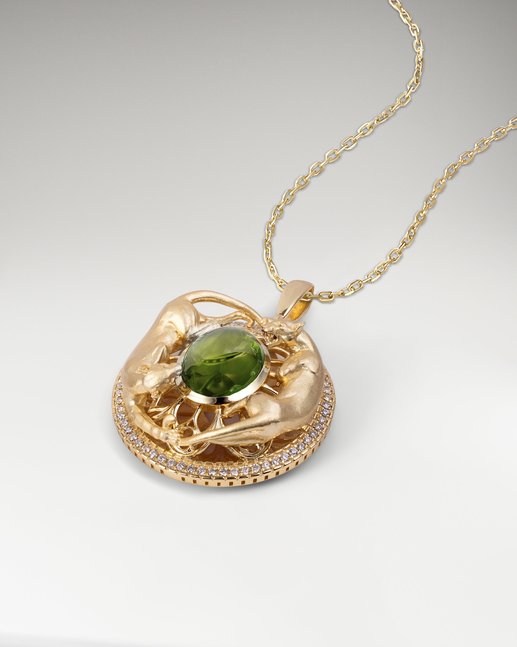 Twin Panthers Medallion Pendant Necklace In Sterling Silver With Garnet