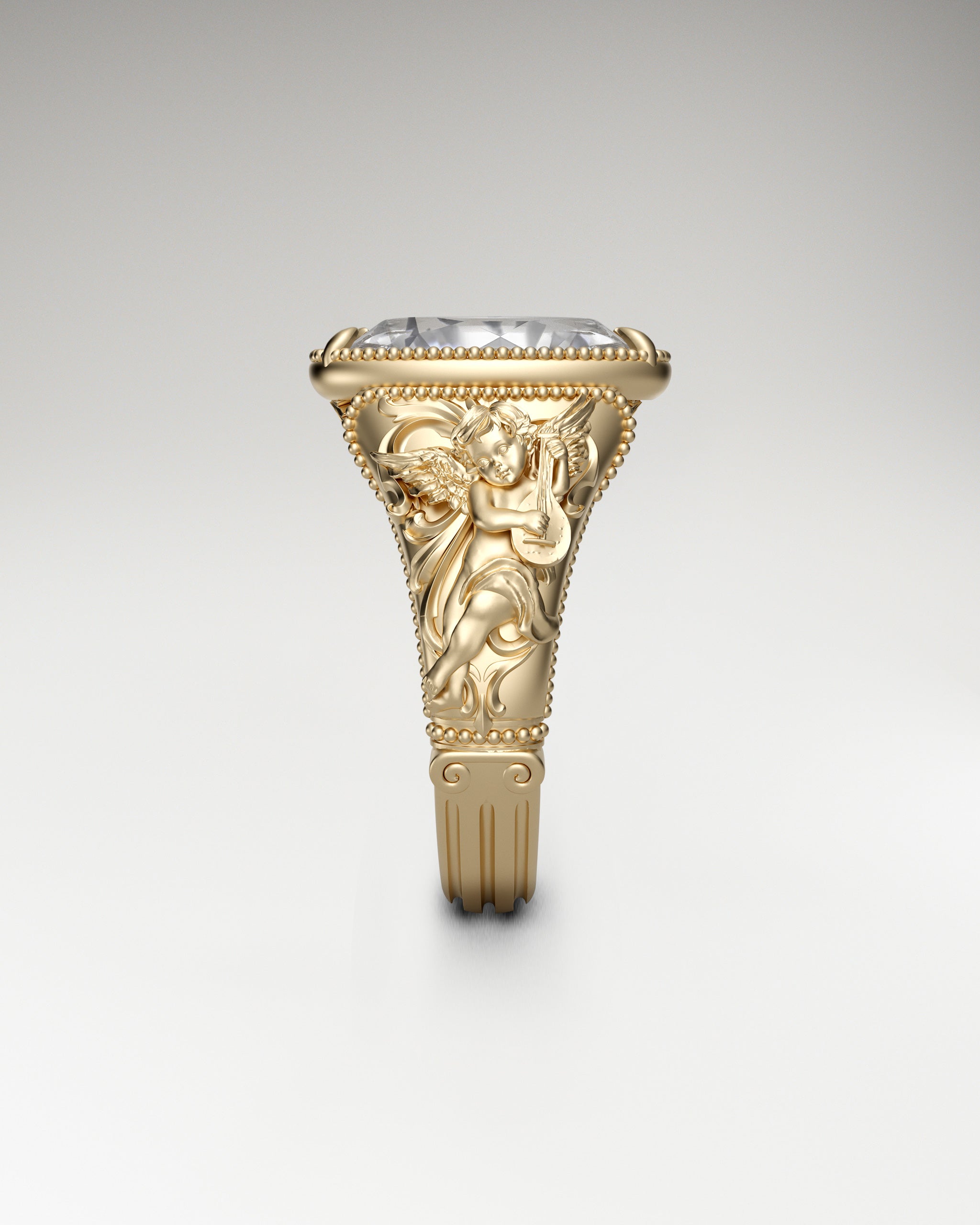 Angel Playing Lyre Ring In Sterling Silver With Moonstone