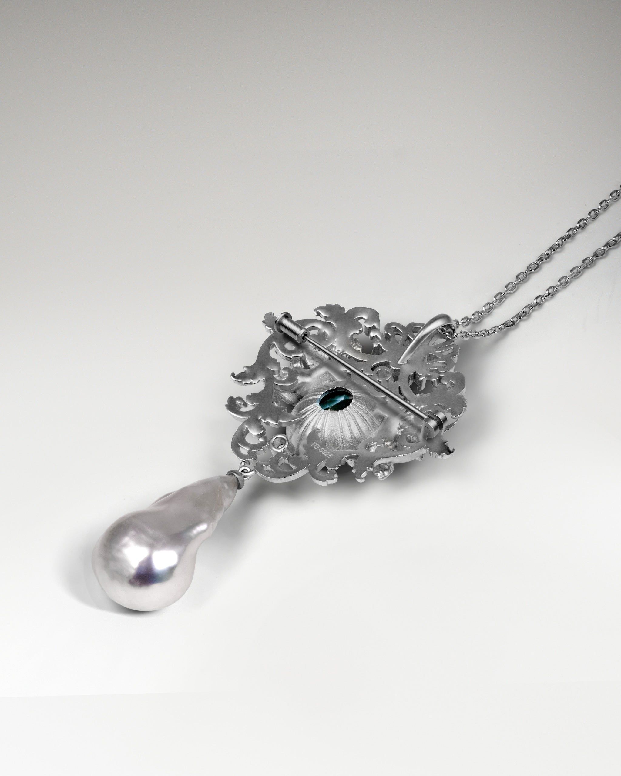 Baroque Cherub Necklace / Brooch Pin In Sterling Silver With Topaz And Pearl