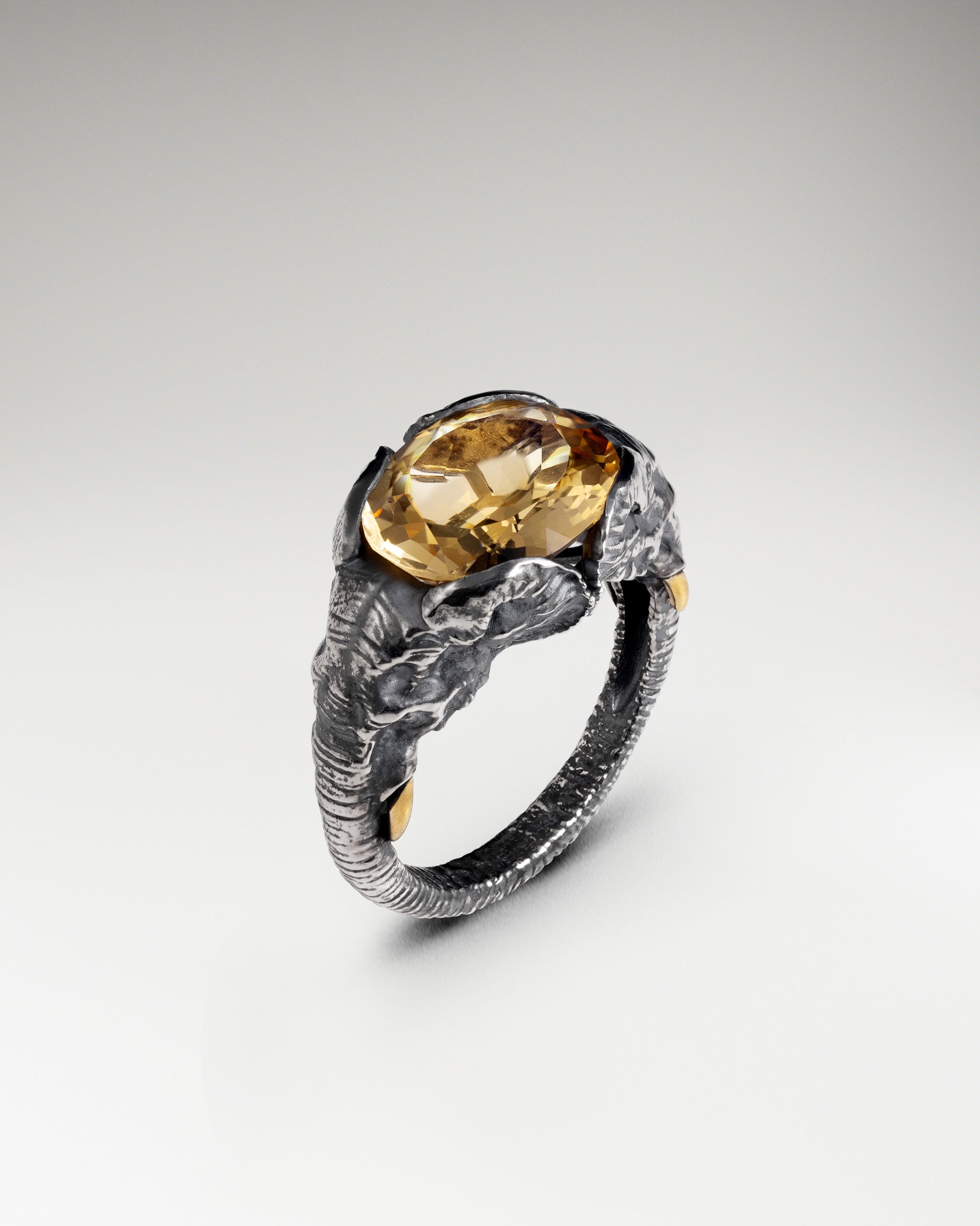 Elephant Guard Ring In Sterling Silver With Citrine