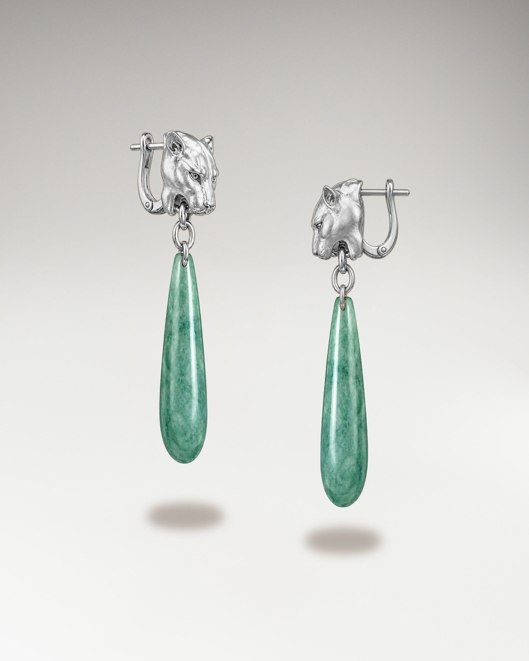 Jaguar Teardrop Dangle Earrings In Sterling Silver With Guatemalan Jade