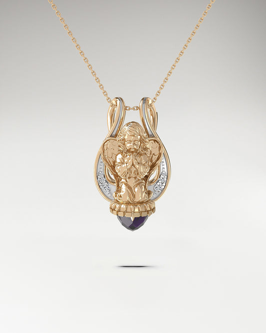 Collar con colgante de ángel lira en plata de ley con amatista y moissanitas