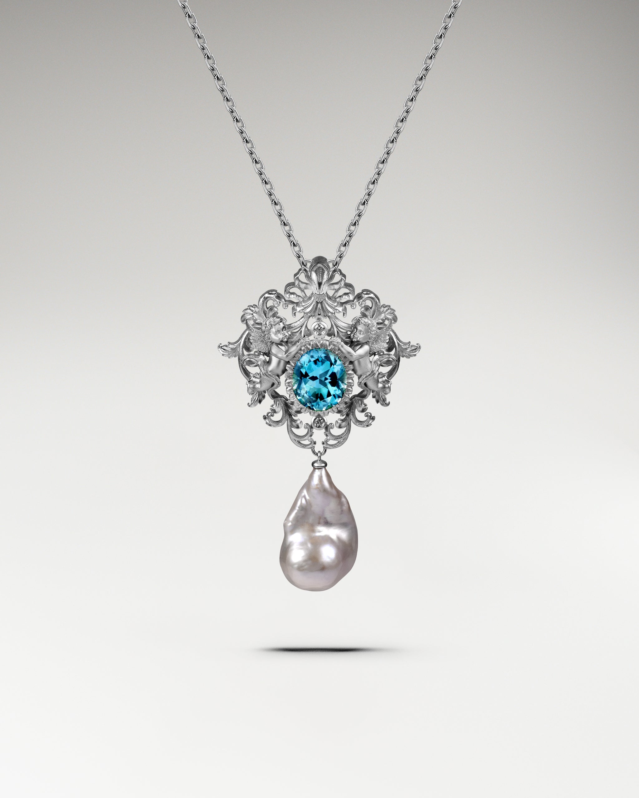 Baroque Cherub Necklace / Brooch Pin In Sterling Silver With Topaz And Pearl