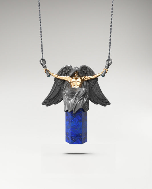 Angel Pendant Necklace in Gold and Lapis Lazuli Gemstone