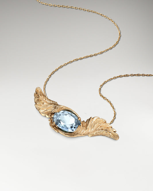 Feather Embrace Pendant Necklace in 10k Gold with Aquamarine